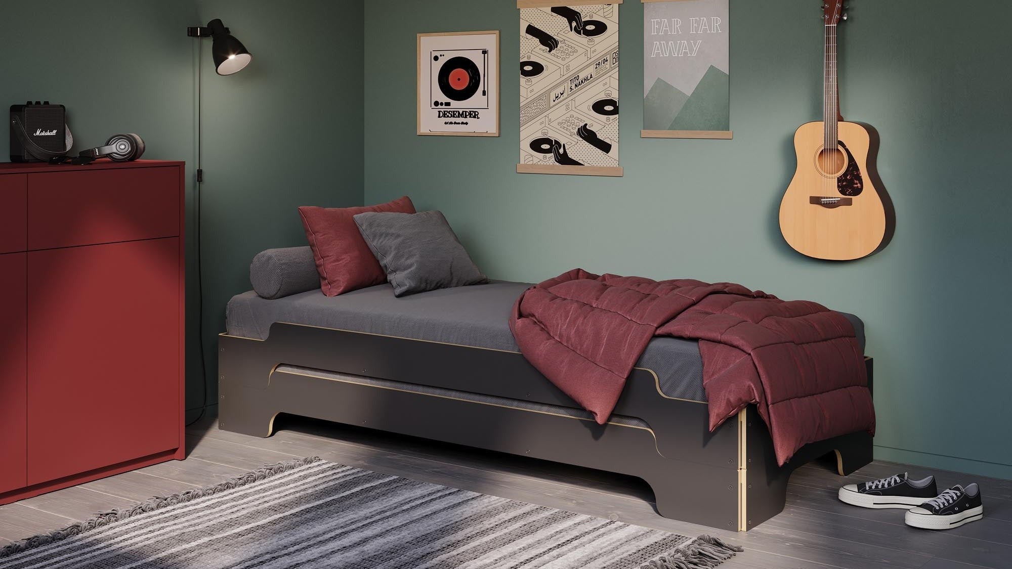 Entdecke die Stapelliege von Müller: Flexibles Schlafen für dein Schlafzimmer. Schlichte Eleganz, hochwertige Materialien und vielseitige Designs für kleine Räume.