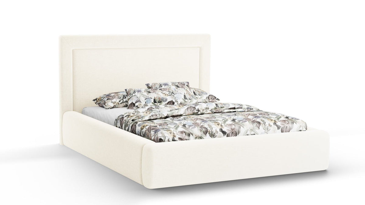 Kemer Bett von Cosmopolitan Design mit gepolstertem Kopfteil aus Bouclé-Stoff Baloo und integriertem Bettkasten