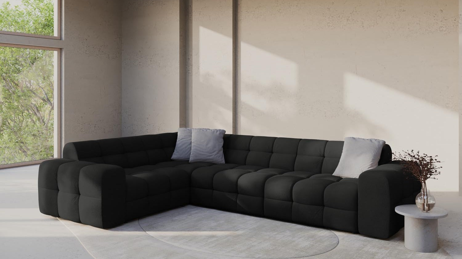 Elegantes Ecksofa in modernem Design, ideal für stilvolle Wohnzimmer, mit bequemen Kissen und hochwertigem Stoff.
