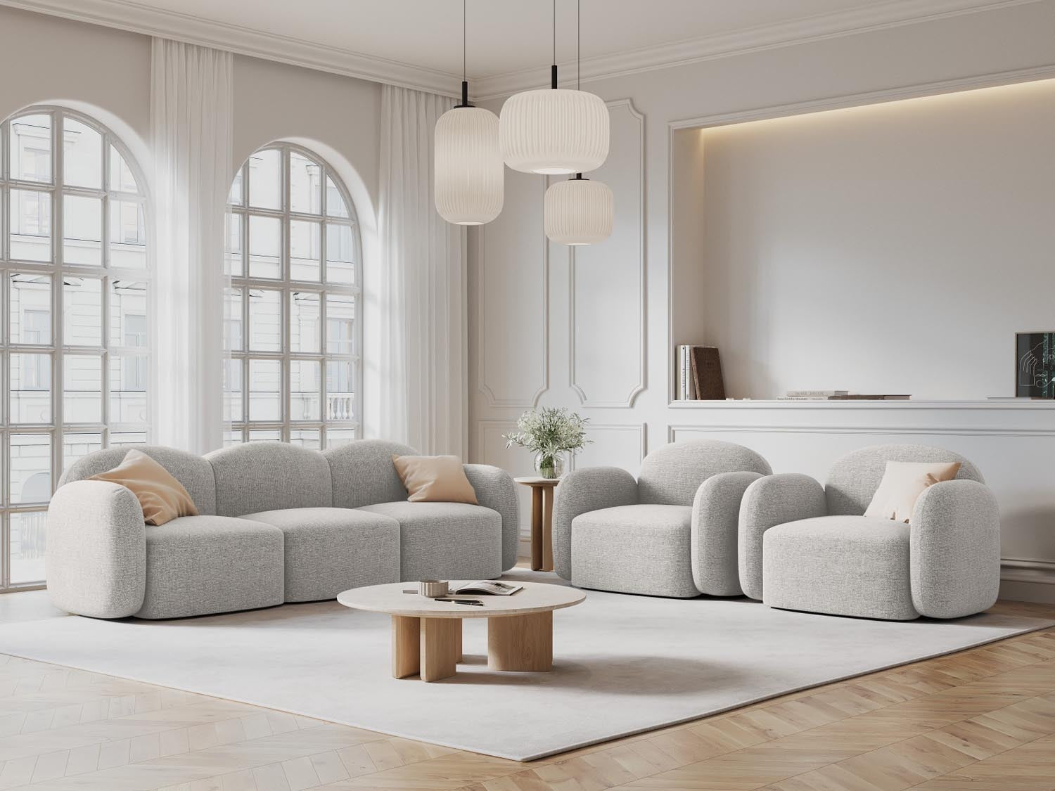 Elegantes, modernes Sofa in sanften Grautönen, ideal für stilvolle Wohnzimmergestaltung und Komfort. Bestseller-Kollektion.