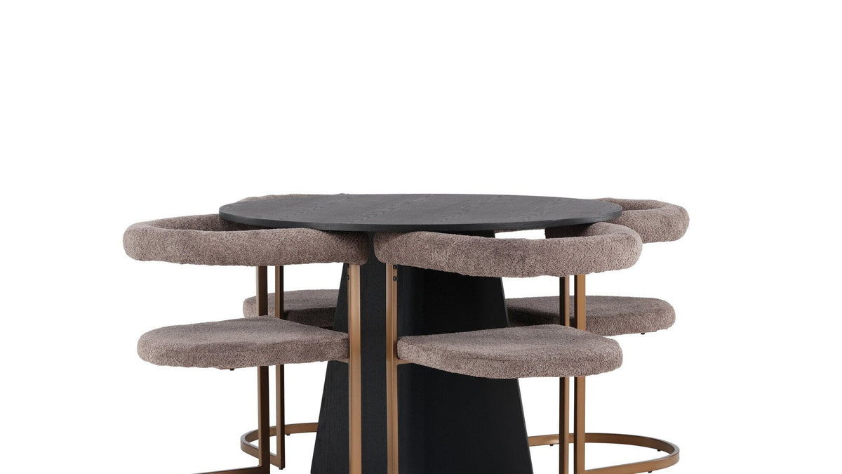 Esszimmerset der Morning Serie von Venture Home mit rundem schwarzem Tisch und vier gepolsterten Armlehnstühlen