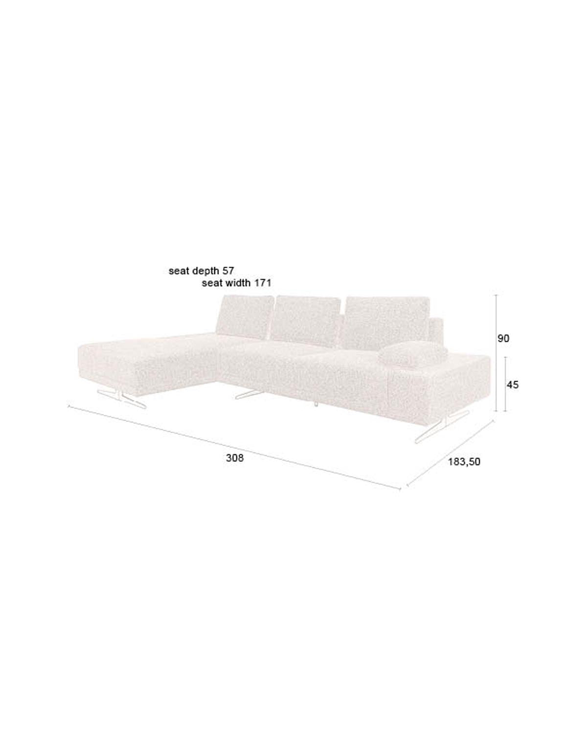 Elegantes Shelly Sofa von Dutchbone mit linker Chaiselongue, hochwertigem Samtbezug und stabiler Holzrahmenkonstruktion – ideal für stilvolle Entspannung.