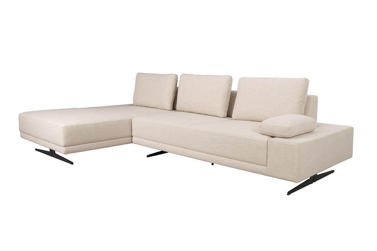 Elegantes Shelly Sofa von Dutchbone mit linker Chaiselongue, hochwertigem Samtbezug und robustem Holzrahmen für stilvollen Komfort.