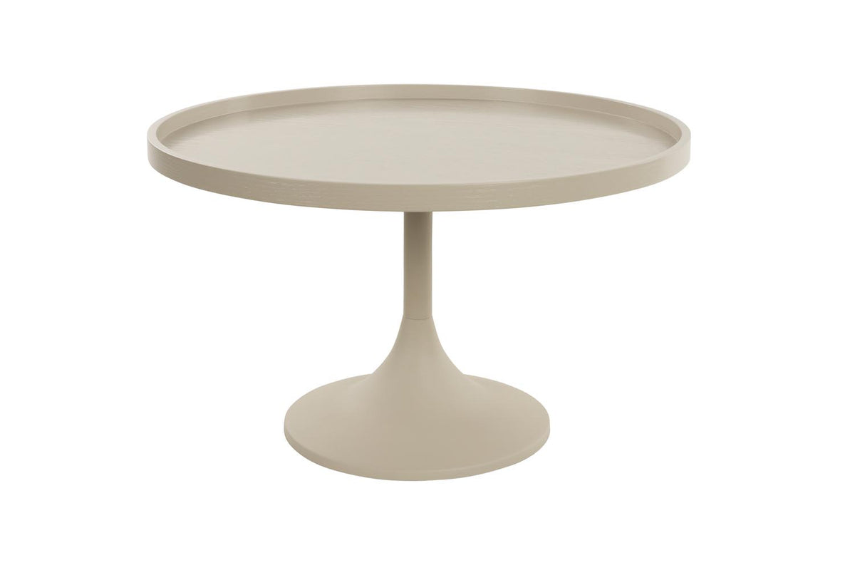 Beistelltisch Jason von Zuiver in Beige, rundes Tischgestell aus pulverbeschichtetem Metall mit Eichenfurnier-Platte, matte Oberfläche.
