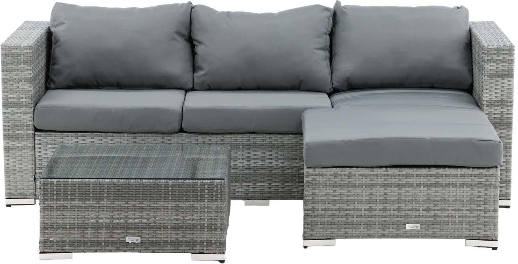 Stilvolles Rotterdam Loungeset von Venture Home: Graues Korbgeflecht, bequeme Kissen, robust und UV-beständig. Perfekt für Garten und Terrasse.