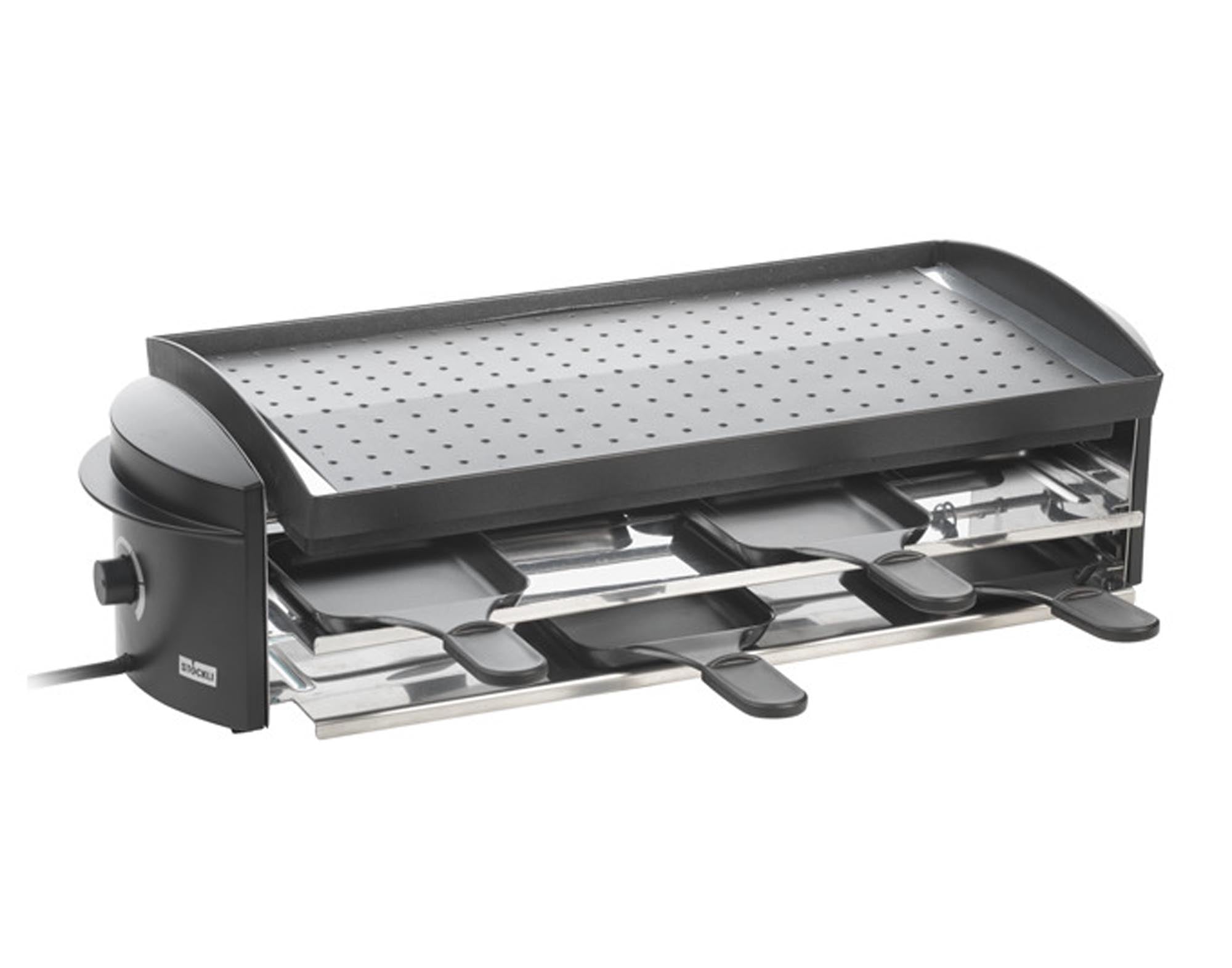 Entdecken Sie den STÖCKLI Raclettegrill Cheeseboard für 8 Personen. Ideal für gesellige Abende, mit pflegeleichter Natursteinplatte und praktischen Pfännchen.