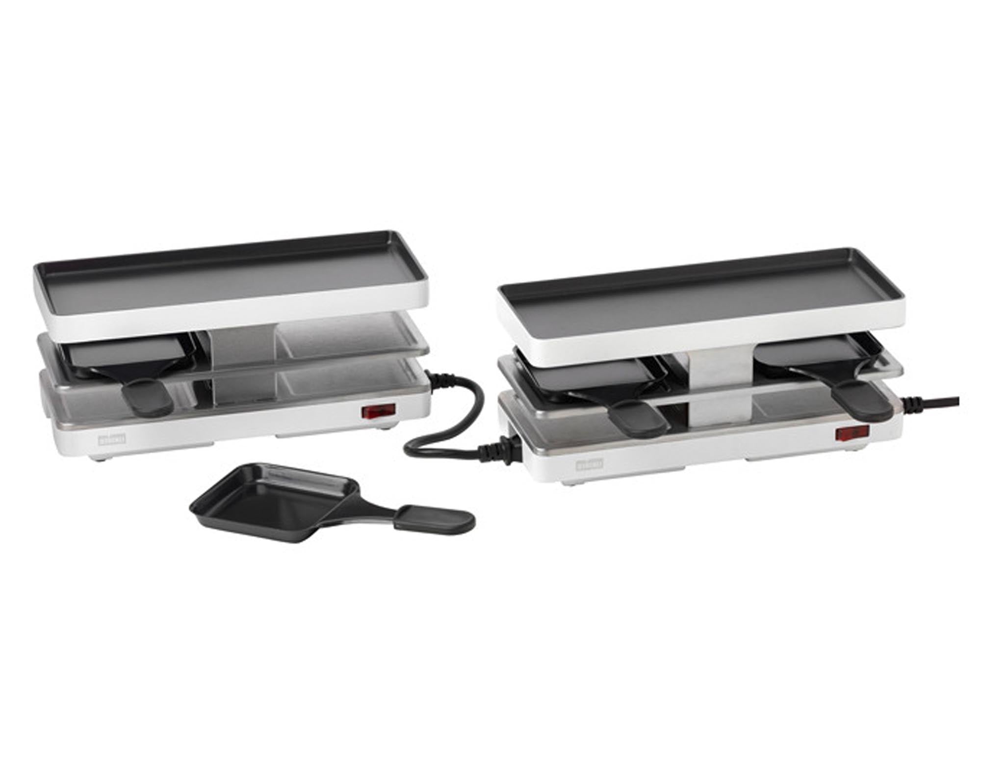 Entdecken Sie den STÖCKLI Raclettegrill Twinboard Set in elegantem Weiß. Ideal für 8 Personen, mit hochwertigen Grillplatten und stufenloser Temperaturregelung.