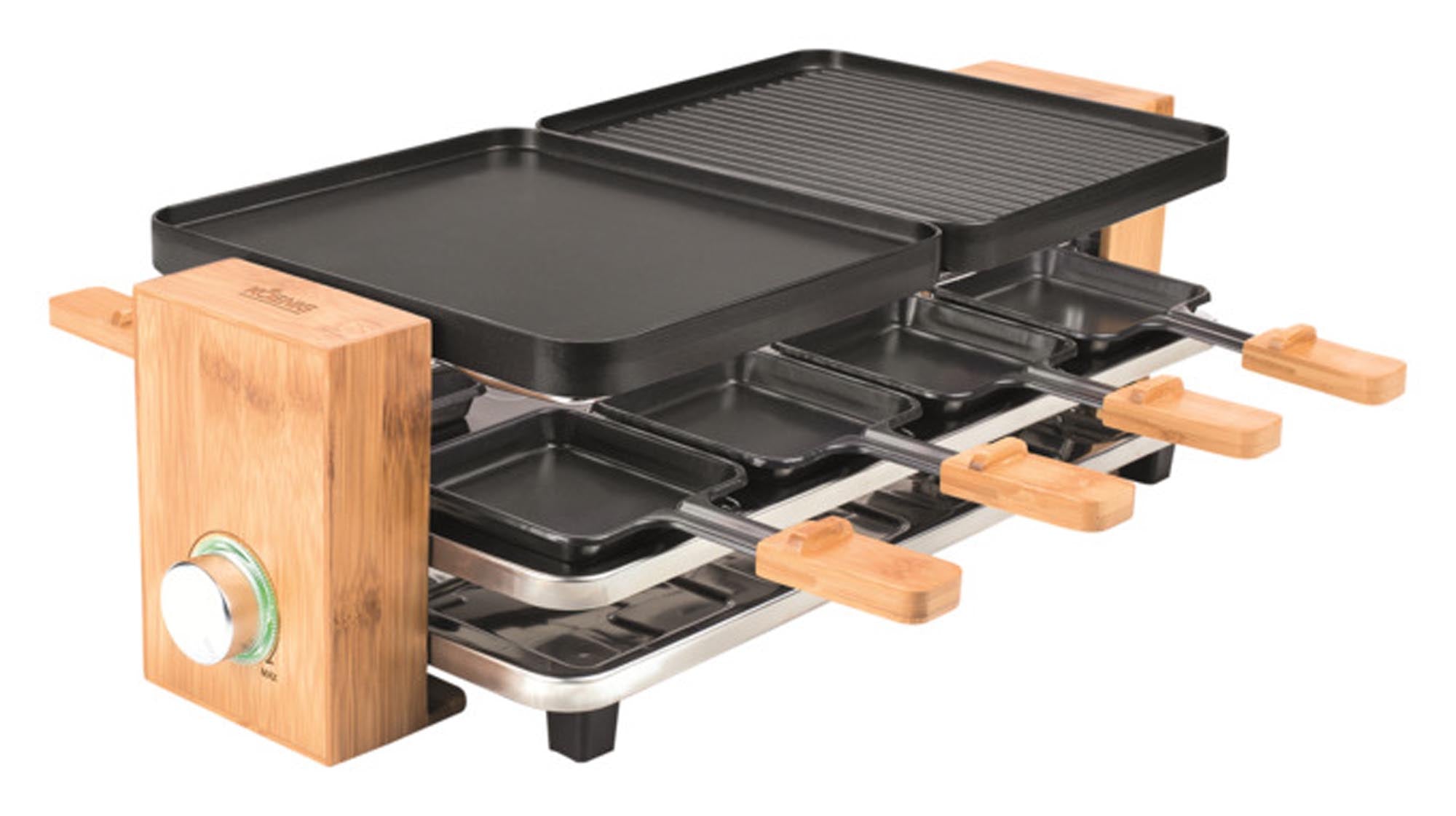 Entdecke den KOENIG Raclettegrill Bamboo für 8 Personen. Ideal für gesellige Abende, mit Natursteinplatte und antihaftbeschichteten Pfännchen.
