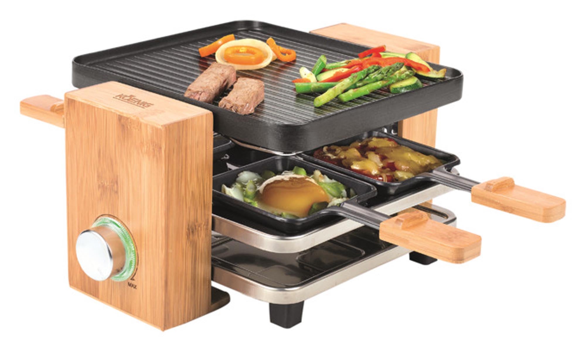 Eleganter Raclettegrill für 4 Personen, Bambusdesign, individuell regulierbare Heizelemente, kompakt, umweltfreundlich.