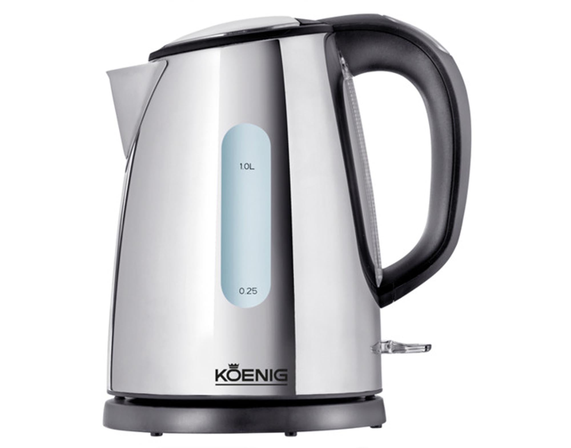 Eleganter KOENIG Wasserkocher Chrome Line 1 l aus Edelstahl, schnell, sicher und ideal für Tee und Kaffee. Hochwertige Materialien und modernes Design.