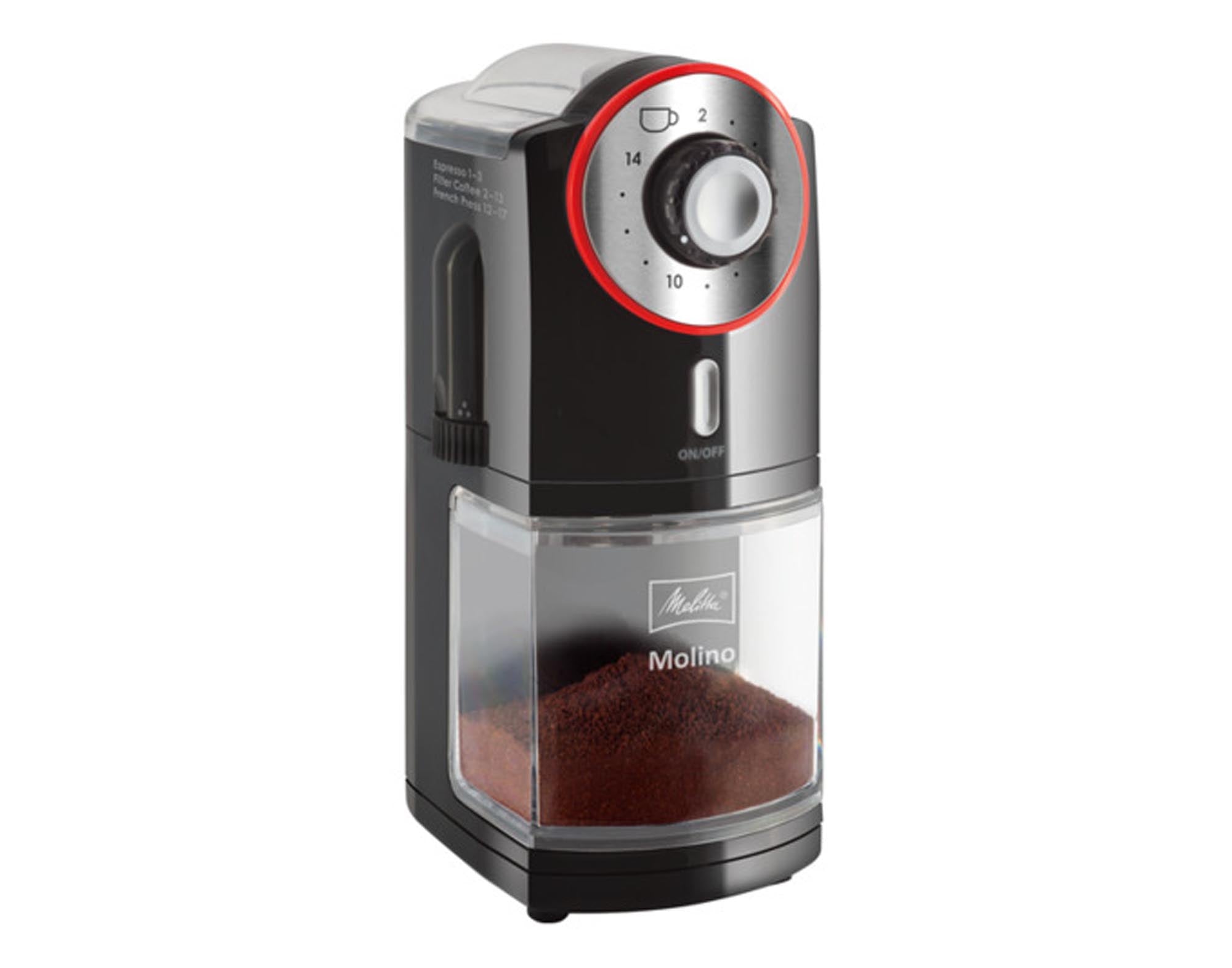 Entdecken Sie die MELITTA Kaffeemühle Molino: 17 Mahlgrade, Edelstahl-Mahlwerke, perfekte Aromenentfaltung für frisch gemahlenen Kaffee.