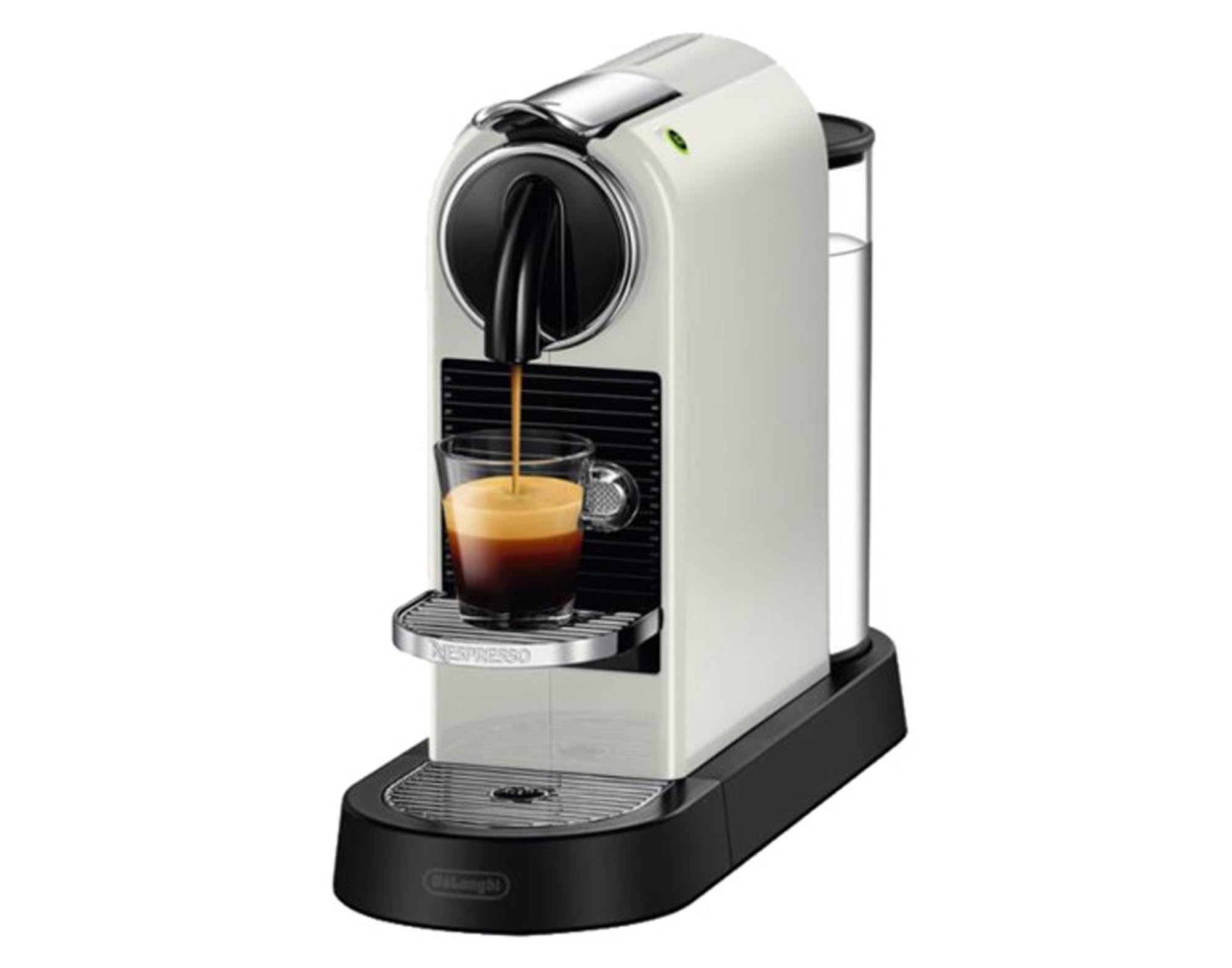 Entdecken Sie die DELONGHI Nespresso Kaffeemaschine Citiz in elegantem Weiß. Ideal für Kaffeeliebhaber, bietet sie 19 bar Druck, benutzerfreundliche Bedienung und einen abnehmbaren Wassertank.