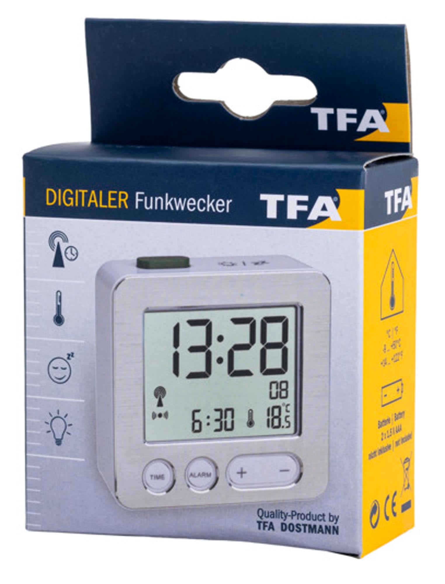 TFA Funk-Wecker mit Temperatur silber in präsentiert im Onlineshop von KAQTU Design AG. Alarmuhr ist von TFA