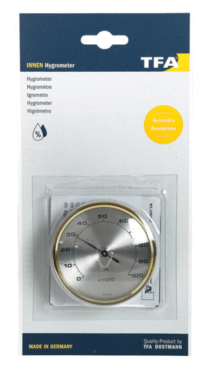 Entdecken Sie das TFA Hygrometer mit elegantem Messingring – Ihr perfekter Begleiter für ein gesundes Raumklima und präzise Luftfeuchtigkeitsmessung.