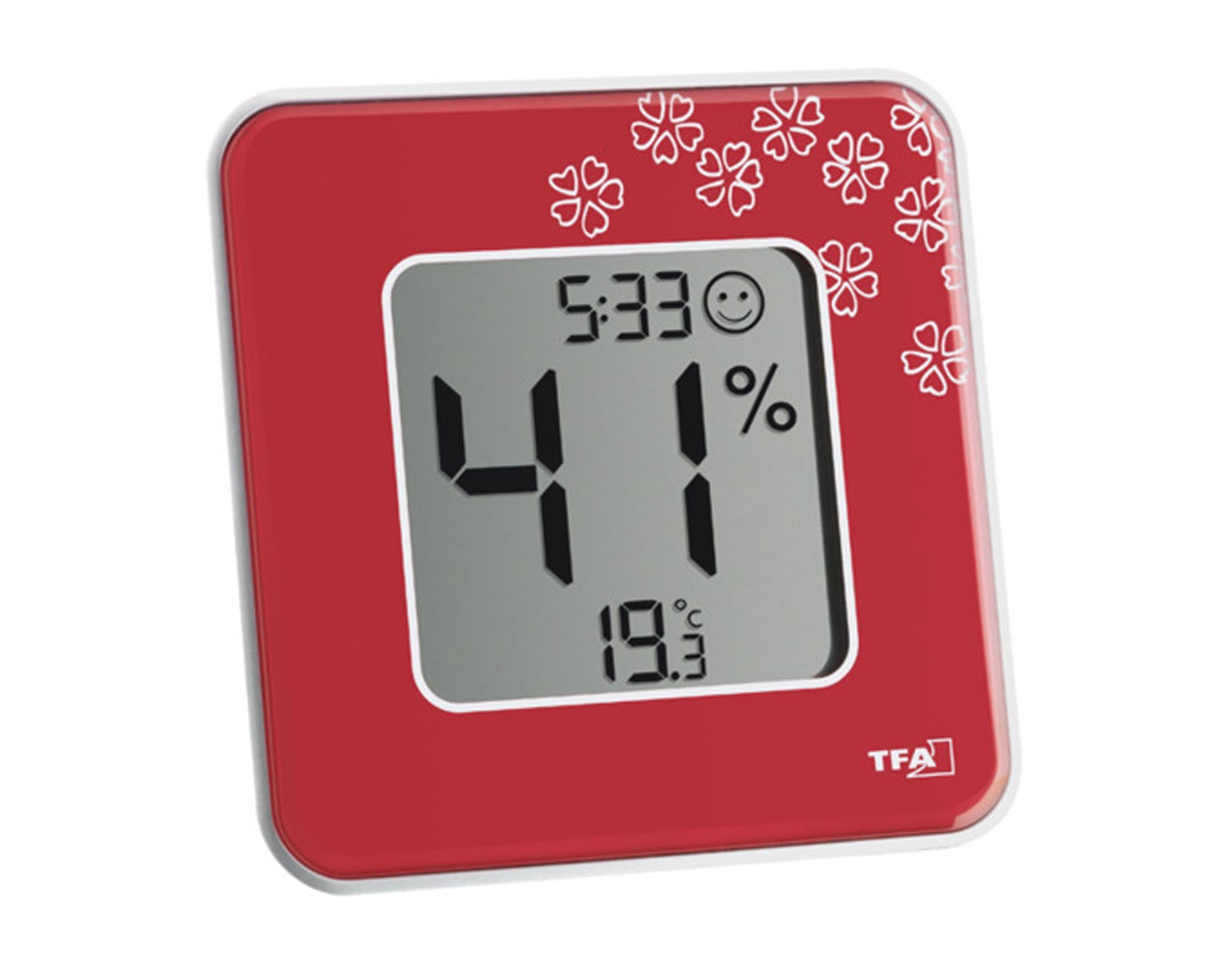 Entdecken Sie das TFA digitale Thermo-Hygrometer in Rot (10,5 cm) für präzise Temperatur- und Luftfeuchtigkeitsmessungen. Ideal für ein gesundes Raumklima!