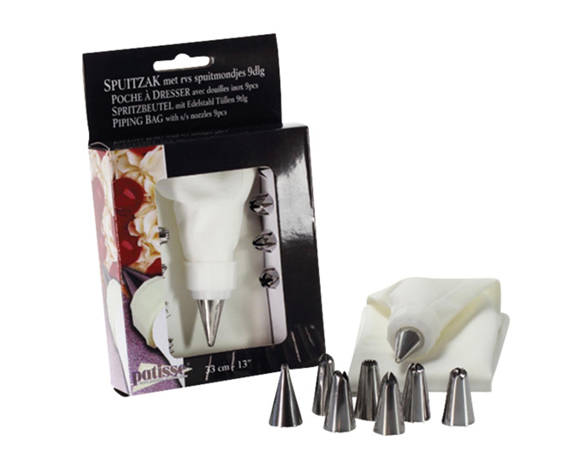 Entdecken Sie die 9-teilige Spritzbeutel Garnitur von PATISSE für kreative Tortendekoration. Ideal für Hobbybäcker und Konditoren!