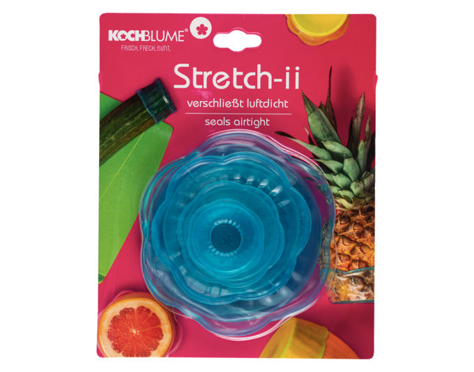 Entdecken Sie die KOCHBLUME Abdeckhauben Stretch-ii im 4er Set in Türkis. Ideal für frische Lebensmittel, hygienisch und wiederverwendbar!