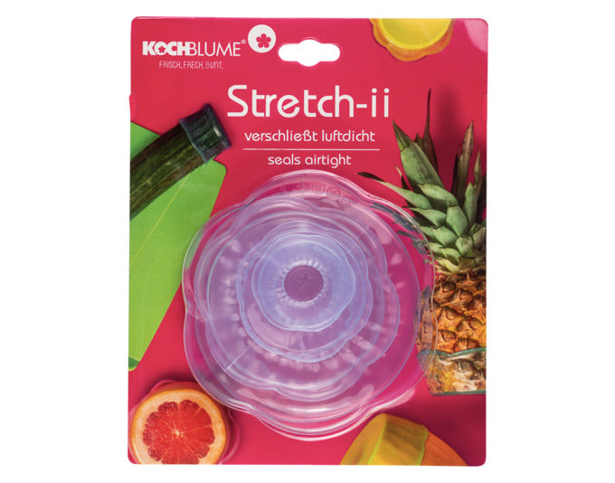 Entdecken Sie die KOCHBLUME Abdeckhauben Stretch-ii im eisblauen 4er Set. Ideal für frische Lebensmittel, hygienisch und wiederverwendbar!