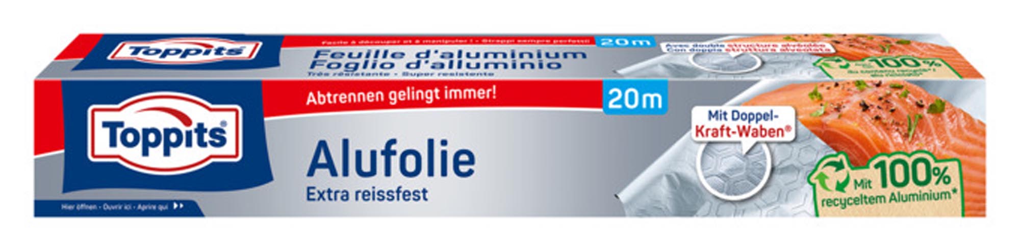 Entdecken Sie die TOPPITS Alufolie extra reissfest (20 m, 29 cm) – ideal zum Verpacken, Abdecken und Grillen. Hochwertig, hitzebeständig und vielseitig!