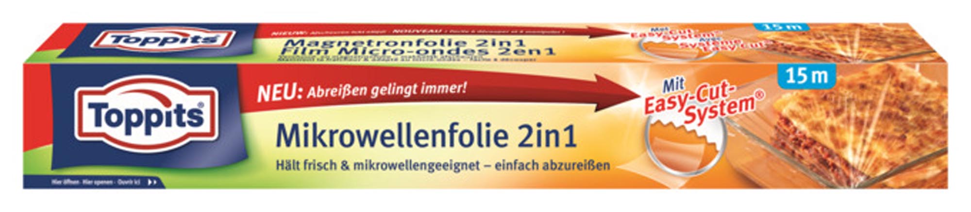 Entdecken Sie die TOPPITS Mikrowellenfolie 2in1 (15 m, 32.5 cm) – ideal zum Einfrieren und Erwärmen von Lebensmitteln, hitzebeständig und praktisch!