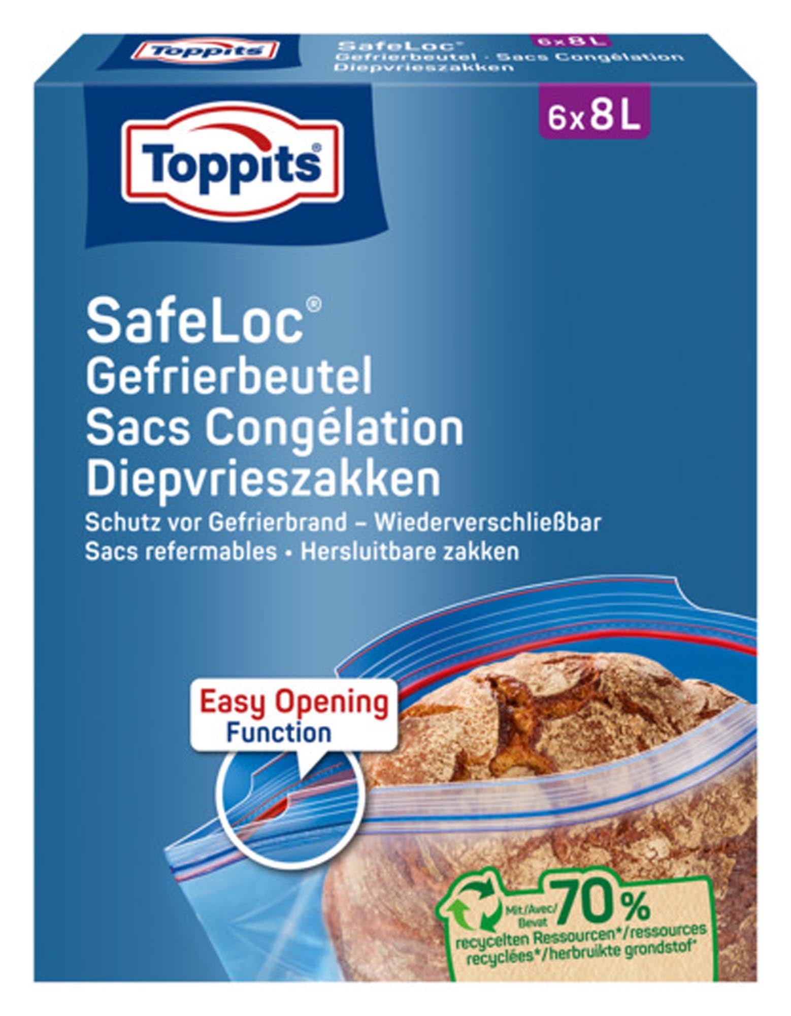 TOPPITS Gefrierbeutel Safe Loc 8 l: Robuste, BPA-freie Beutel für sichere Lebensmittelaufbewahrung im Gefrierschrank. Luftdicht, reißfest und transparent.