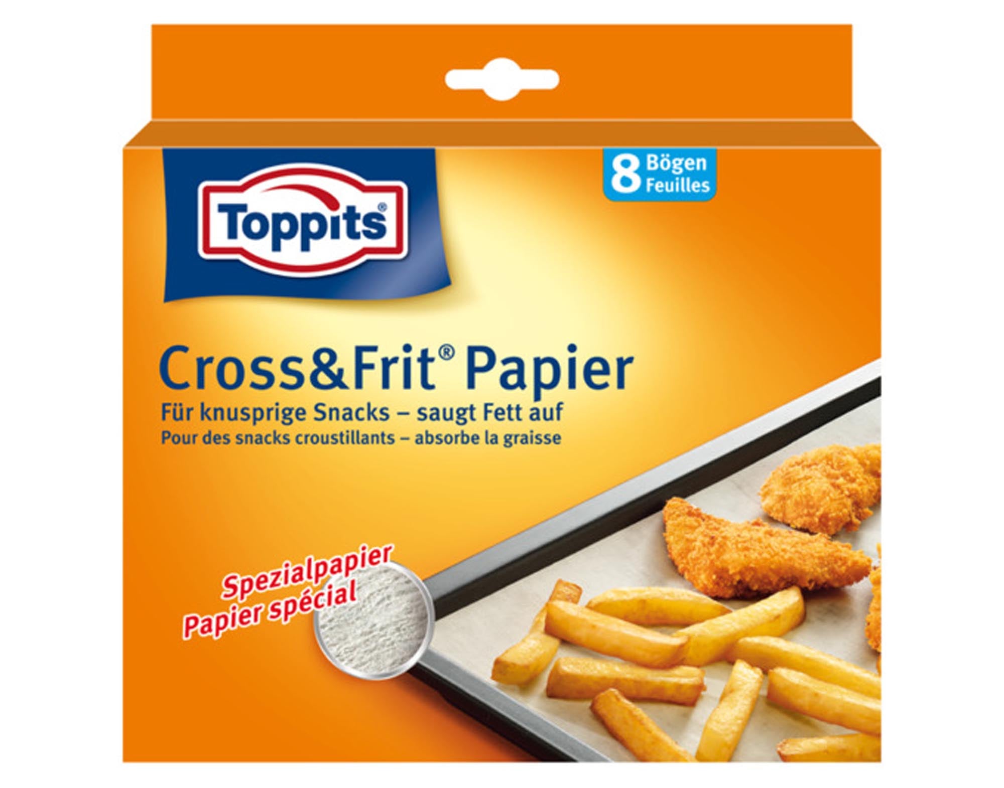 Entdecken Sie TOPPITS Cross & Frit Papier: 8 hitzebeständige, antihaftbeschichtete Backpapiere (37x30 cm) für müheloses Backen und Braten.