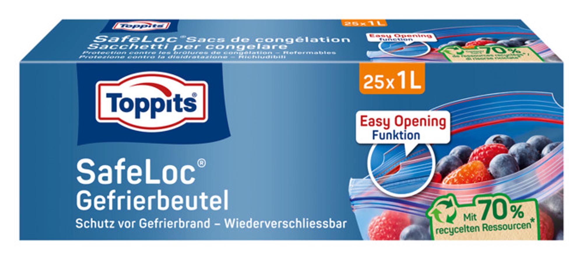 Die TOPPITS Gefrierbeutel Safe Loc 1 l bieten luftdichte Aufbewahrung für Lebensmittel, schützen vor Gefrierbrand und sind BPA-frei. Ideal für Snacks und Sous-Vide.