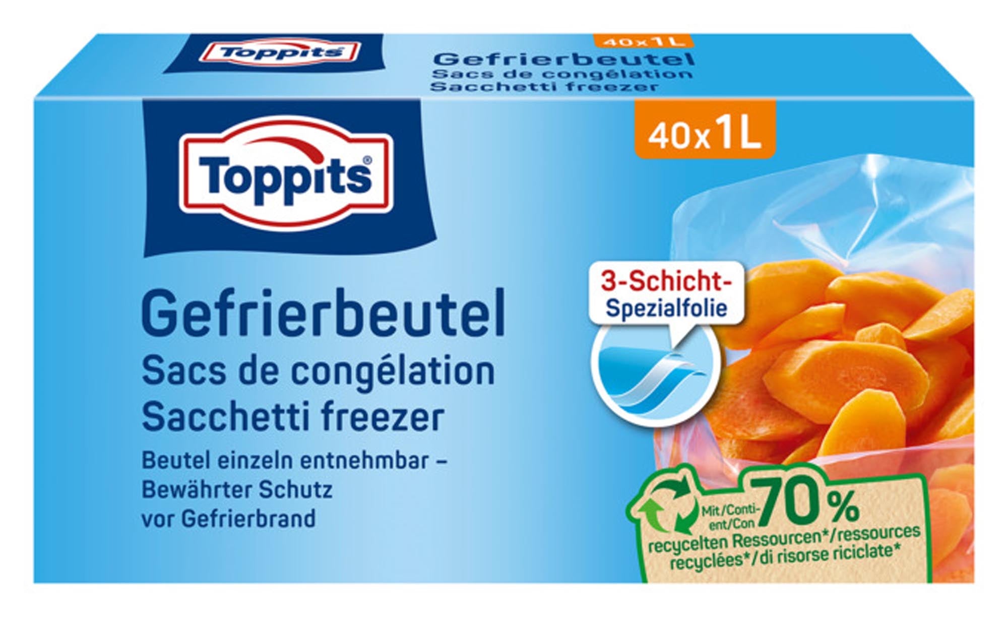 TOPPITS Gefrierbeutel 1 l: BPA-frei, ideal für Obst, Gemüse, Fleisch & Flüssigkeiten. Praktischer Zip-Verschluss, transparent für einfache Sichtkontrolle.