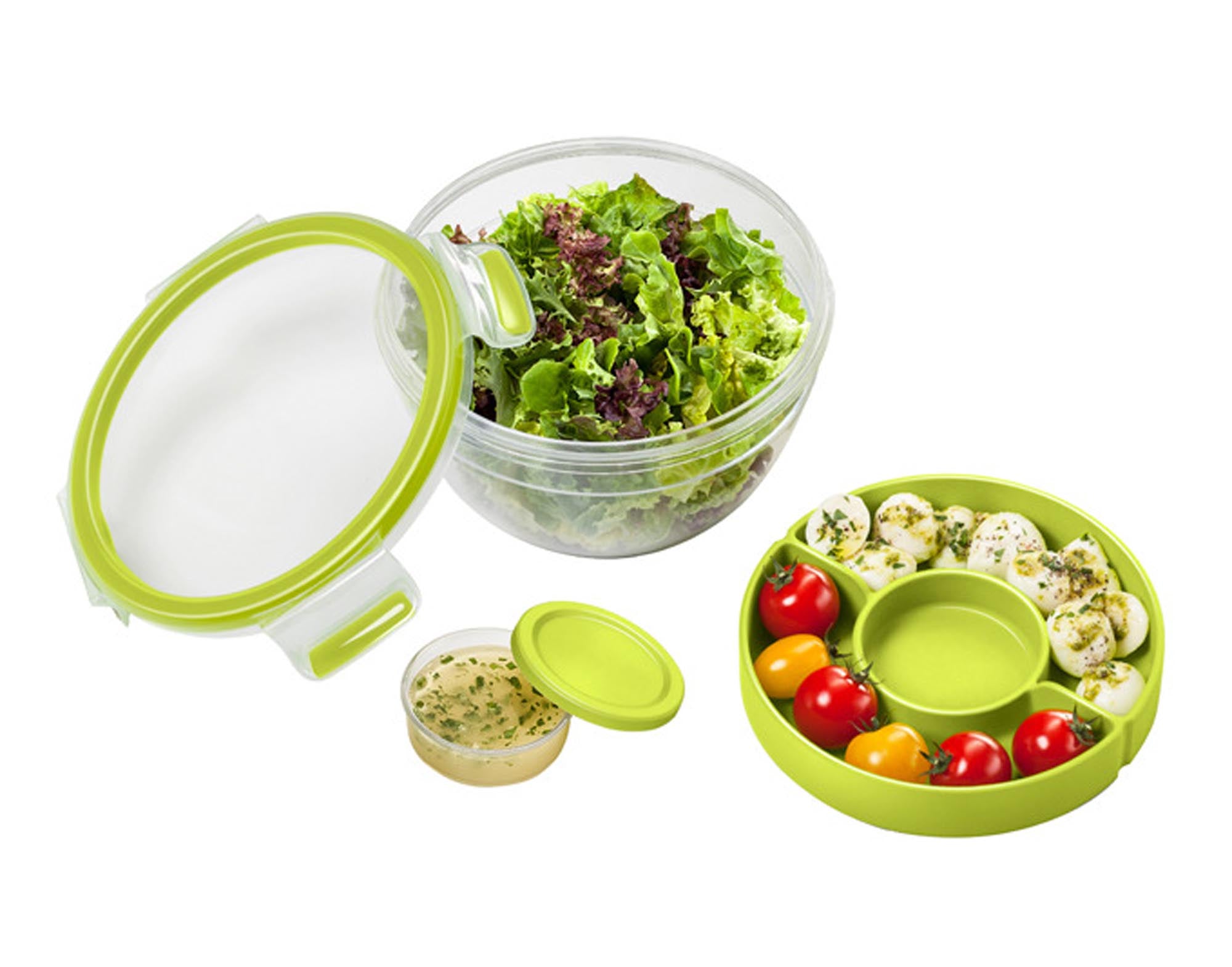 Entdecken Sie die EMSA Salatbox Clip & Go 1.1 l: 100% dicht, auslaufsicher, mikrowellen- und spülmaschinengeeignet. Perfekt für frische Salate unterwegs!