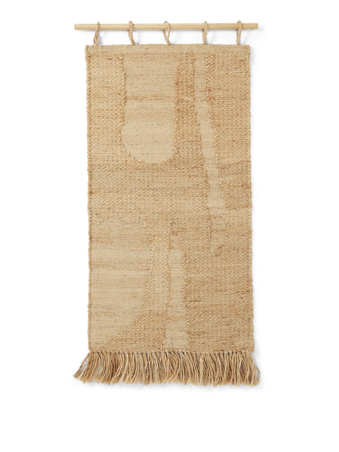 Der Harvest Wall Teppich von Ferm Living: 100% Jute, 50x100 cm, robust, nachhaltig, mit Buchenholzstange und Fransen. Perfekt für jeden Raum.