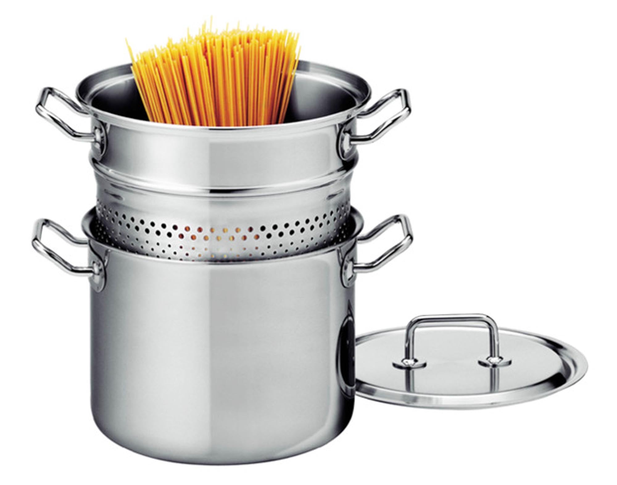 Entdecken Sie das SPRING Pasta Set Brigade Premium ø 22 cm aus hochwertigem Edelstahl. Ideal für Pasta-Liebhaber, mit ergonomischen Griffen und einfachem Abgiessen.