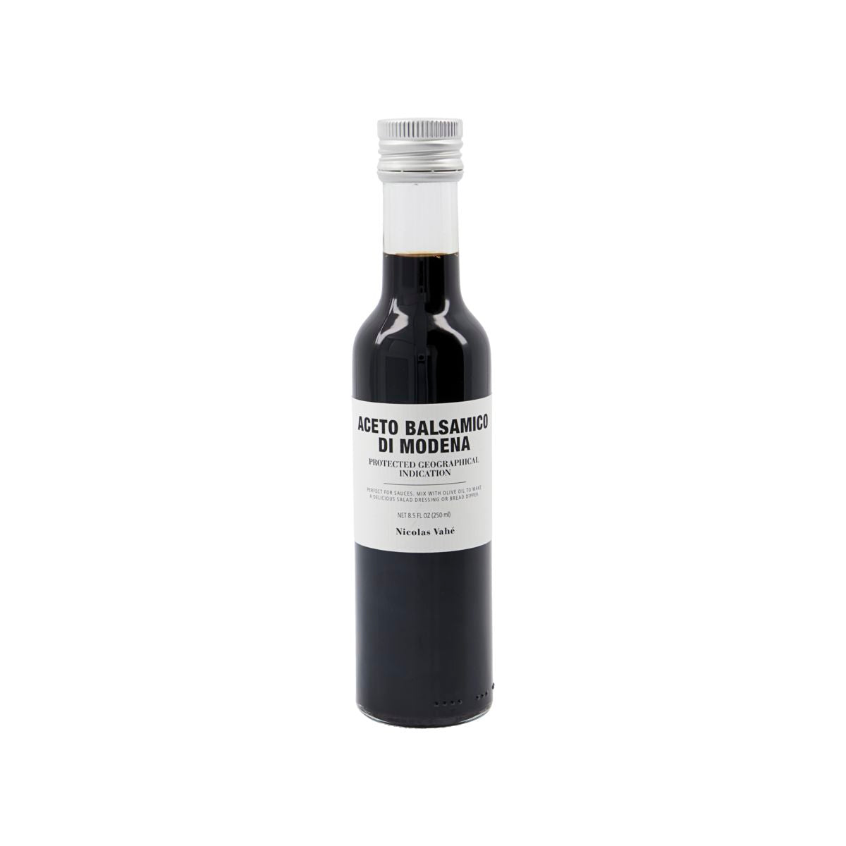 Aceto Balsamico di Modena PGI: Aromatisch, süss, ideal für Dressings, Saucen, Desserts. In dekorativer Glasflasche von Nicolas Vahé.