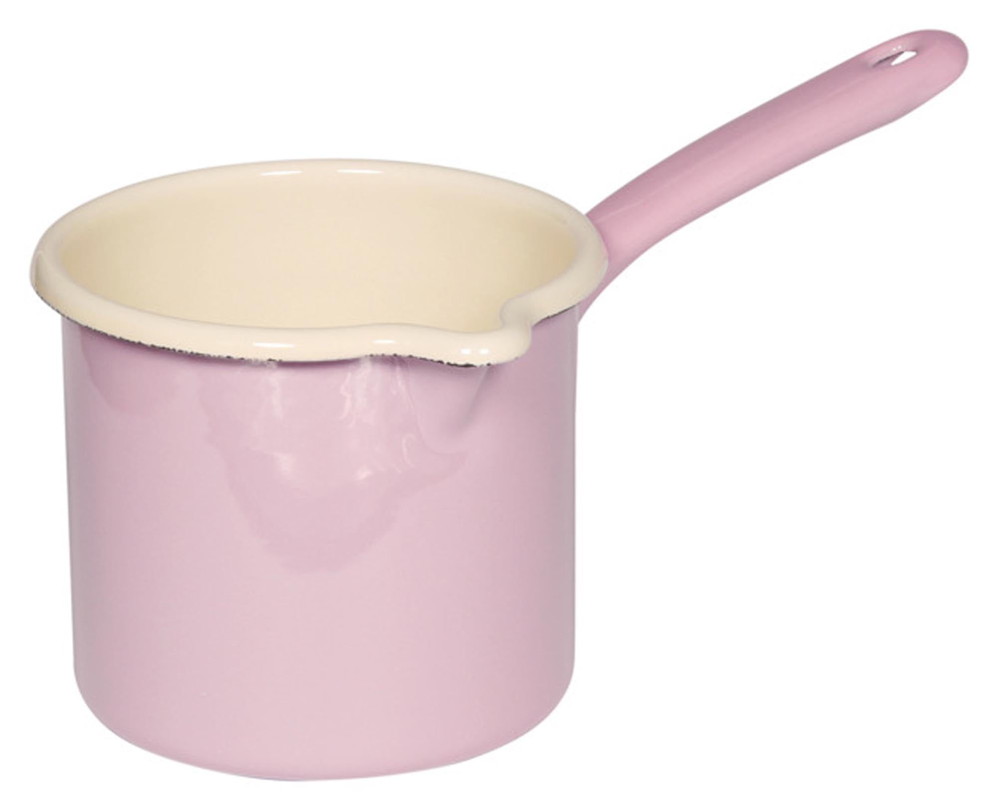 Entdecken Sie den RIESS Schnabeltopf mit Stiel in Pastell rosa (1.00 l, ø 12 cm) – ideal zum Erhitzen von Milch und Saucen. Hochwertiger emaillierter Stahl, ergonomisches Design und praktischer Ausguss für sauberes Ausgießen.