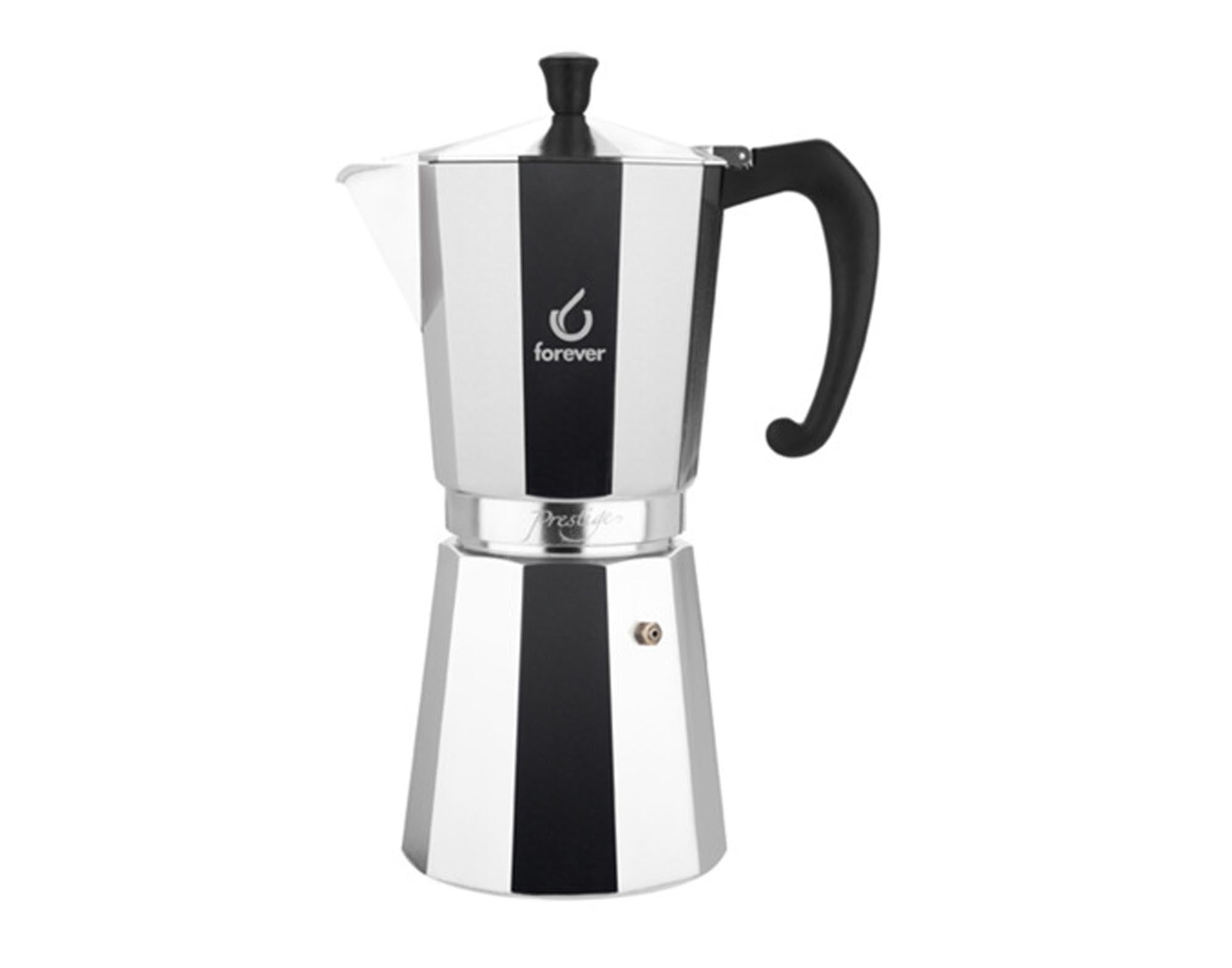 Entdecken Sie den FOREVER Kaffeezubereiter Moka Prestige für 18 Tassen. Hochwertiger Edelstahl, klassisches Moka-Prinzip, ideal für Kaffeeliebhaber.