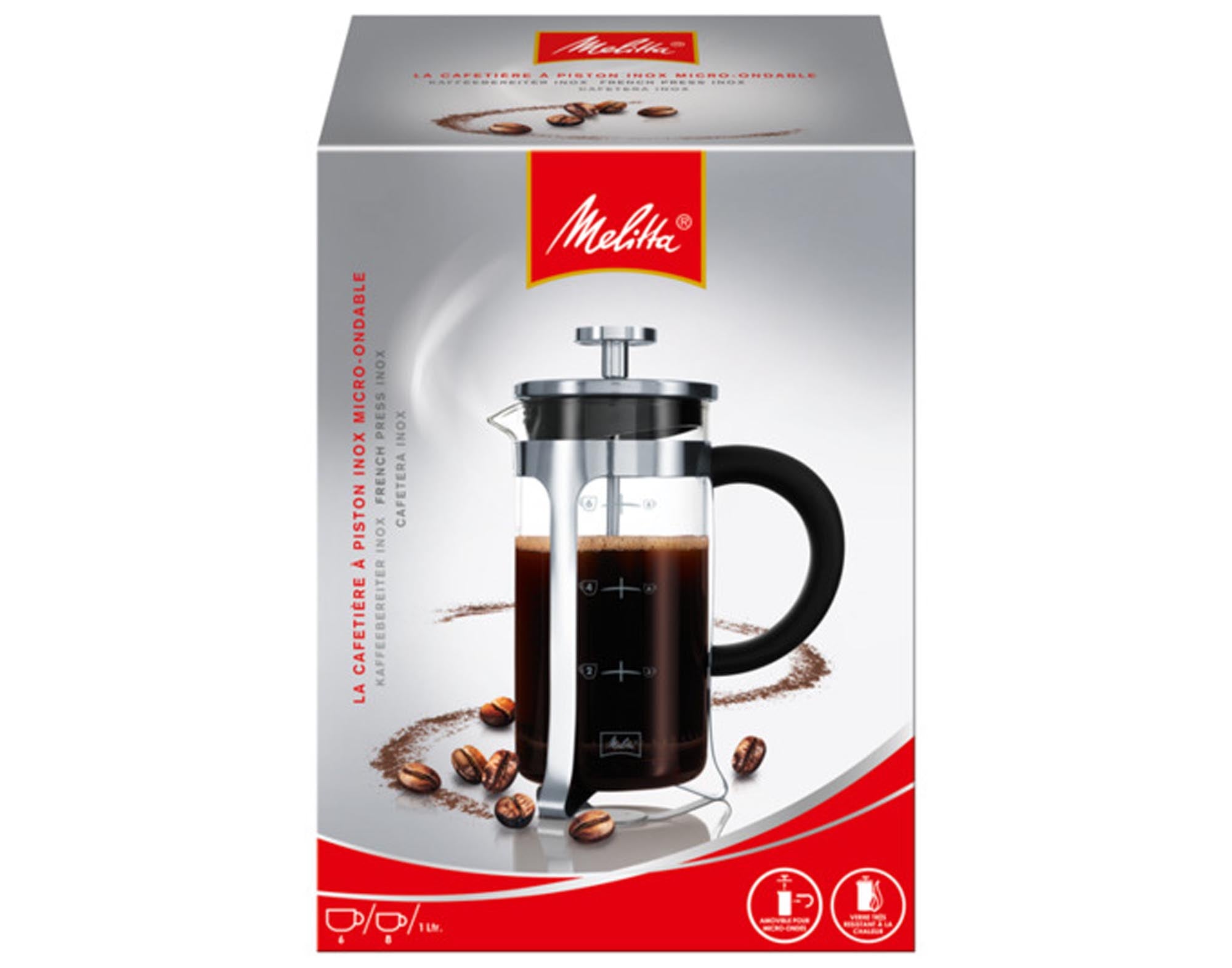 Entdecken Sie den MELITTA Kaffeezubereiter Inox 1000 ml aus Edelstahl. Ideal für 8 Tassen aromatischen Kaffee, elegant und benutzerfreundlich.