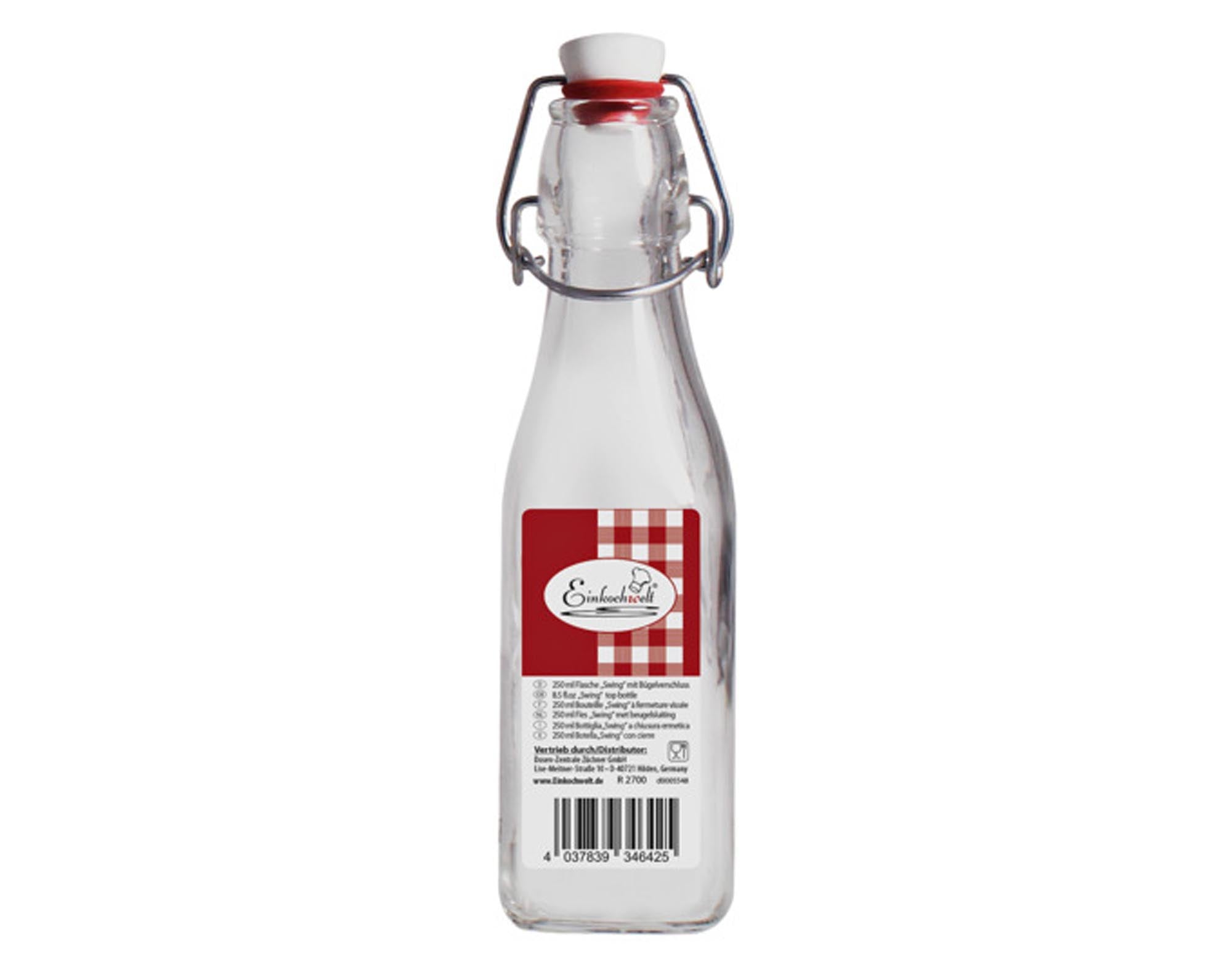 Stilvolle 500 ml Bügelflasche aus bruchsicherem Glas mit luftdichtem Bügelverschluss, ideal für Getränke und mehr.
