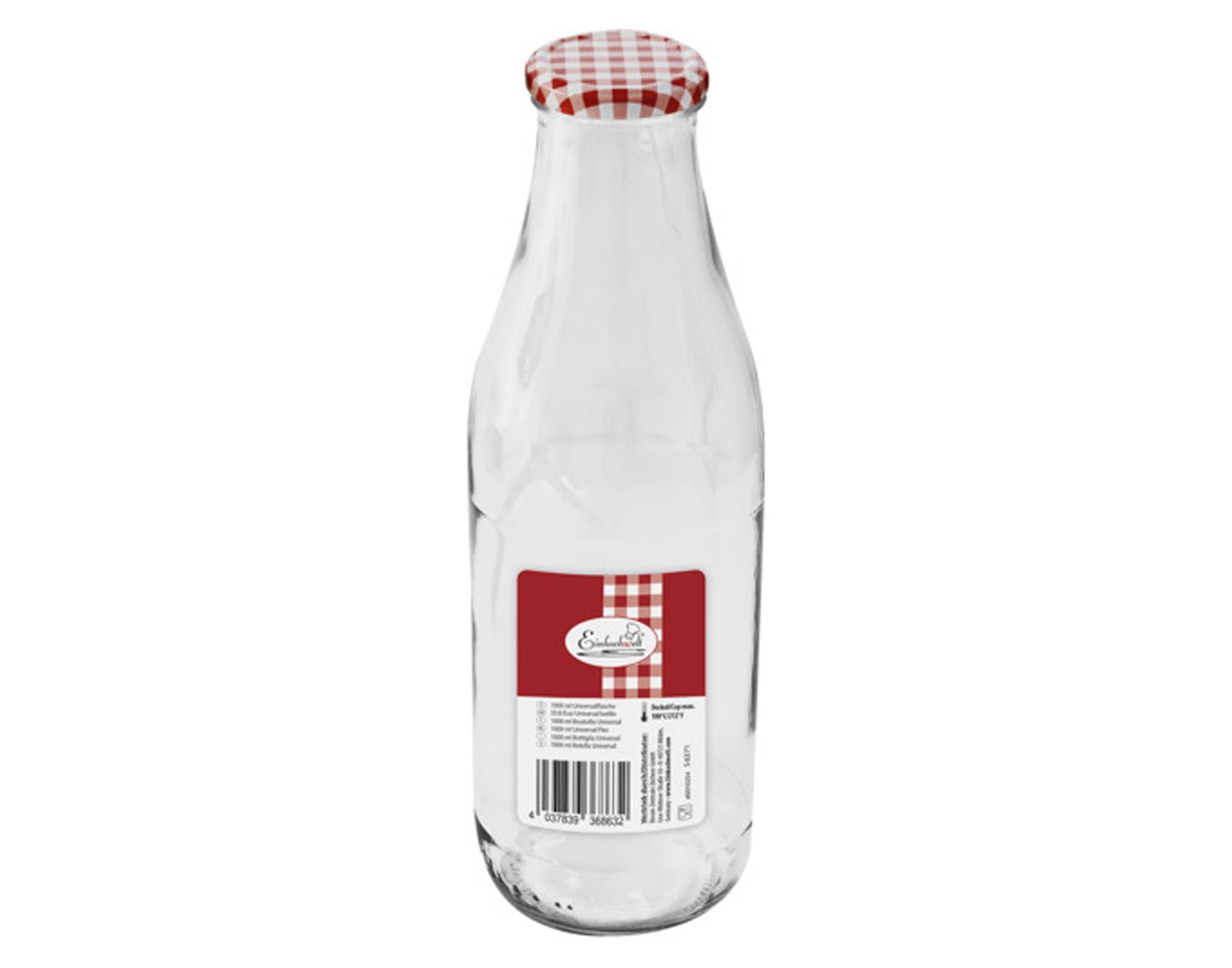 EINKOCHWELT Glasflasche 1000 ml mit Schraubverschluss, karriert, ideal für Getränke, umweltfreundlich, stilvoll und geschmacksneutral.