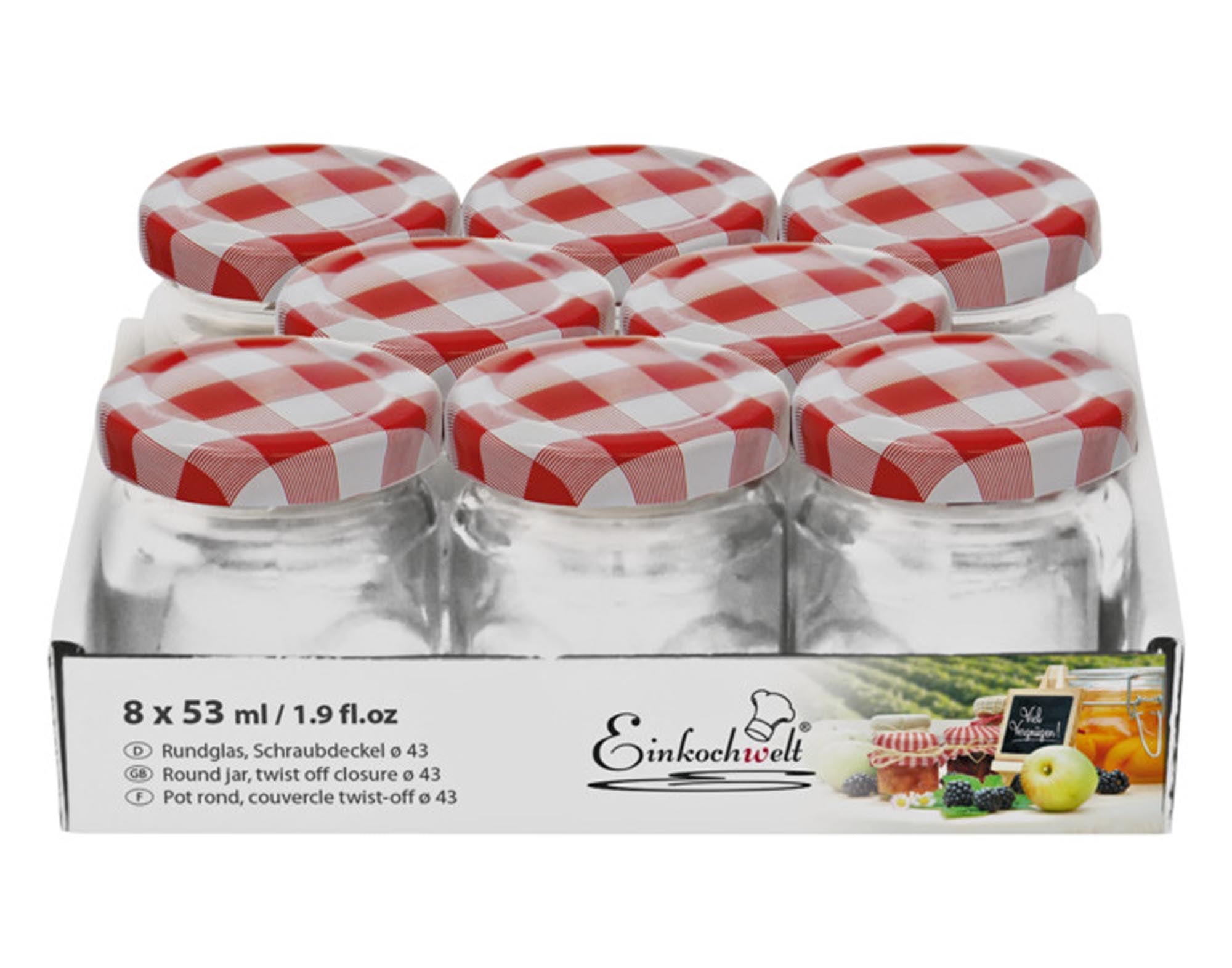 Entdecken Sie die EINKOCHWELT karierten Gläser mit Deckel (8 Stück, 53 ml) für stilvolle und sichere Lebensmittelaufbewahrung. Ideal für Marmeladen und Gewürze!