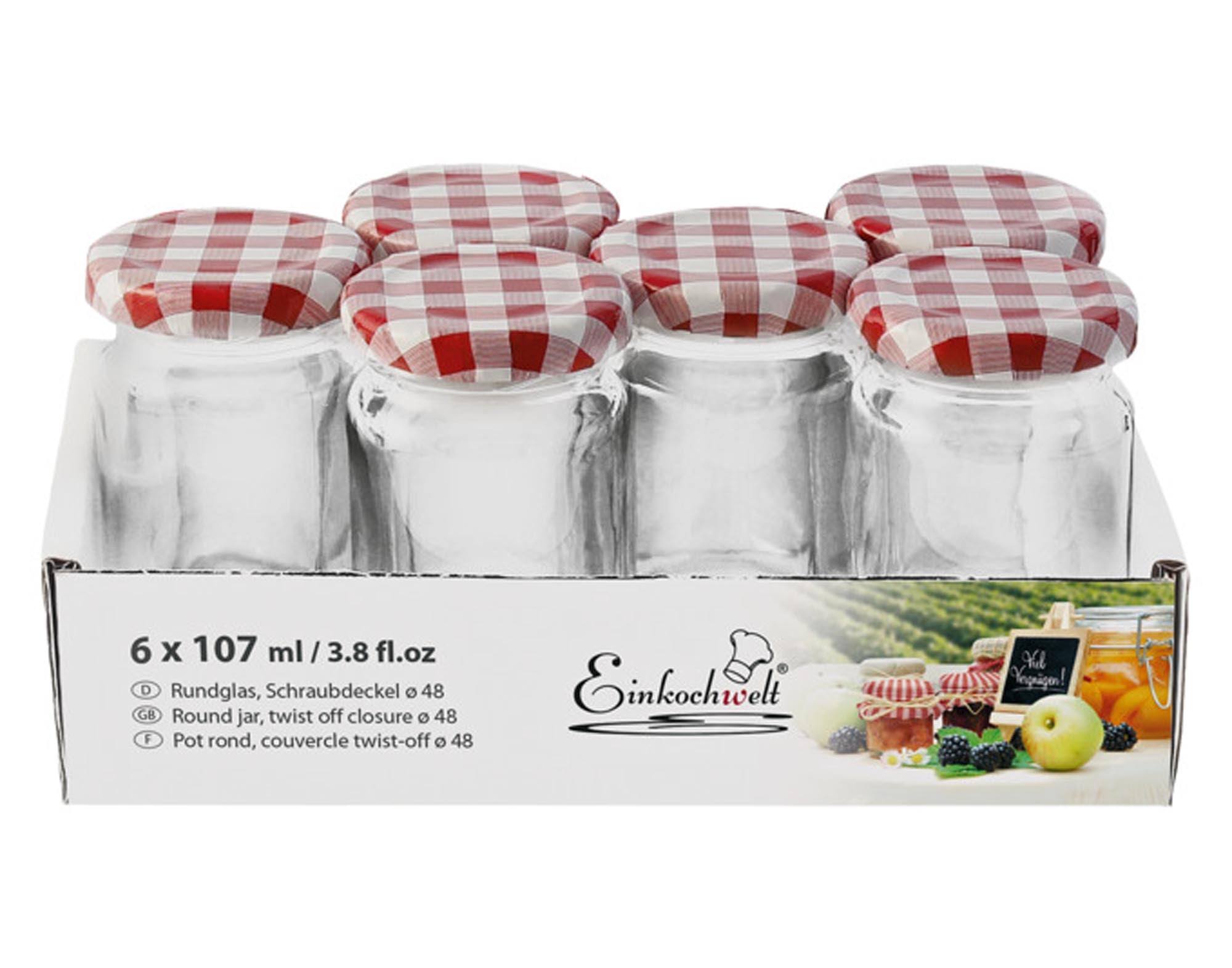 EINKOCHWELT Gläser mit Deckel, 6 Stück, 107 ml, ideal für Marmelade, Saucen und Gewürze. Hochwertig, luftdicht, rustikales Design.