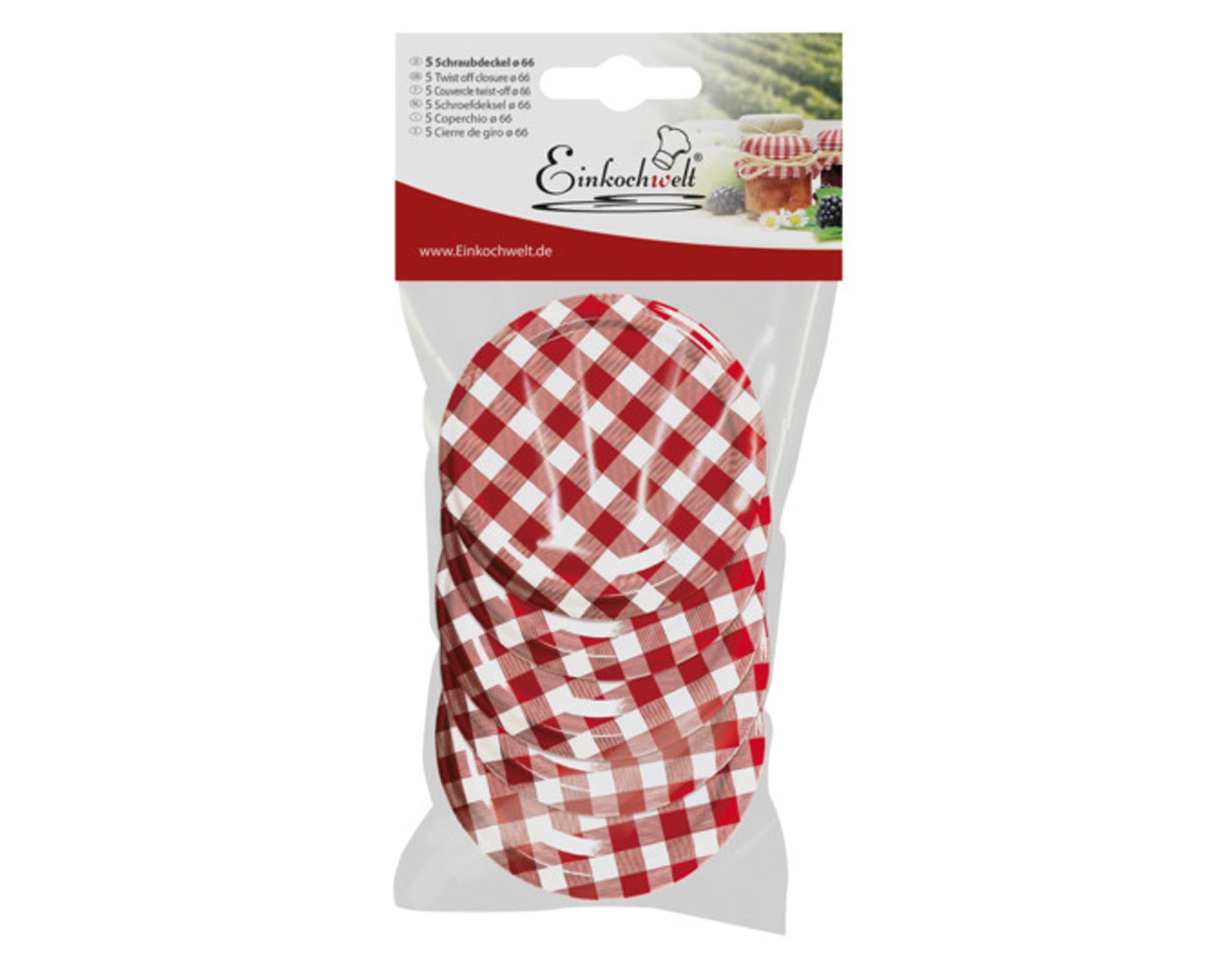 Entdecken Sie die EINKOCHWELT Deckel karriert (5 Stück, ø 66 mm) für luftdichtes Einkochen. Hochwertig, hitzebeständig und ideal für Einmachgläser.