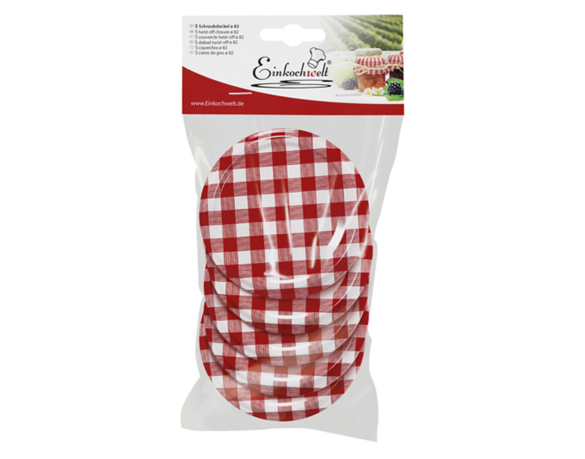 Entdecken Sie die EINKOCHWELT Deckel karriert (5 Stück, ø 82 mm) für sicheres Einmachen. Hochwertig, langlebig und perfekt für Ihre Einmachprojekte!