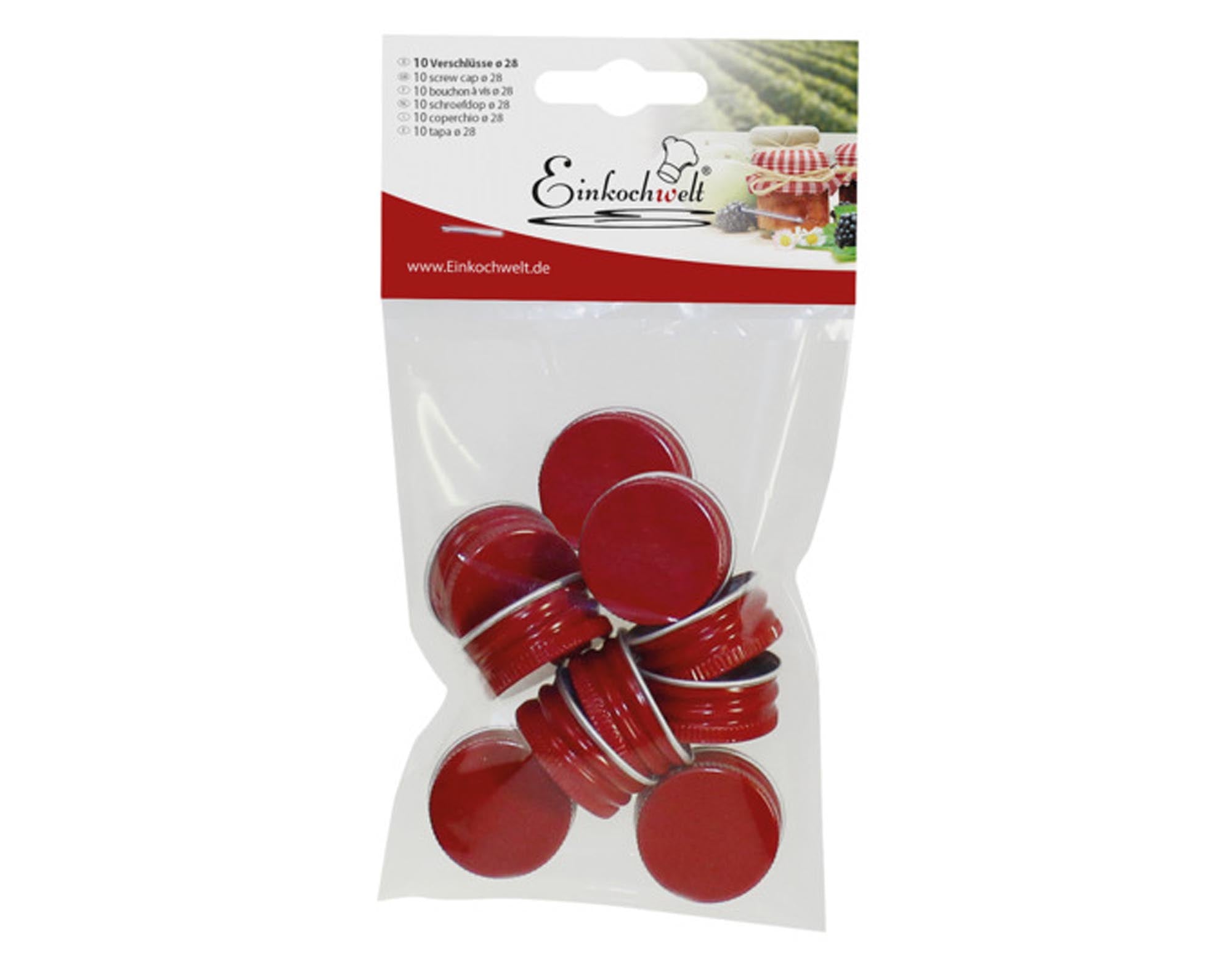 EINKOCHWELT Schraubverschluss rot, 10 Stück, ø 28 mm. Ideal für Marmeladen, Saucen und mehr. Spülmaschinenfest, langlebig und sicher für Ihre Lebensmittel.