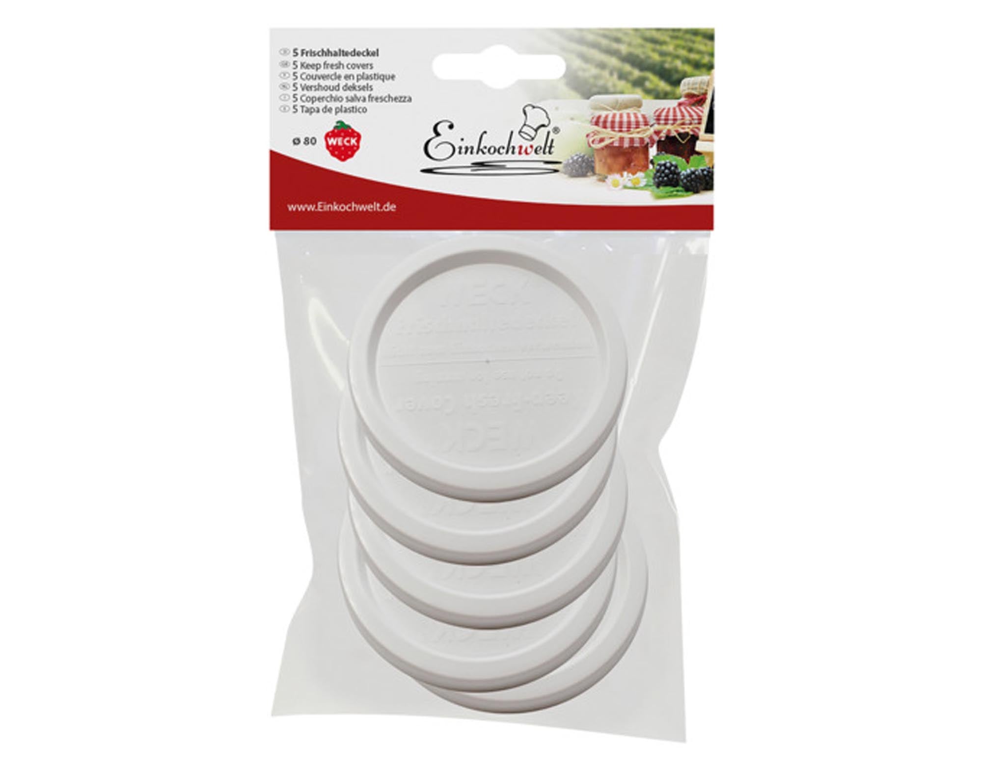 Die WECK Frischhaltedeckel (5 Stück, ø 80 mm) sind BPA-frei, langlebig und ideal für die hygienische Aufbewahrung von Lebensmitteln.