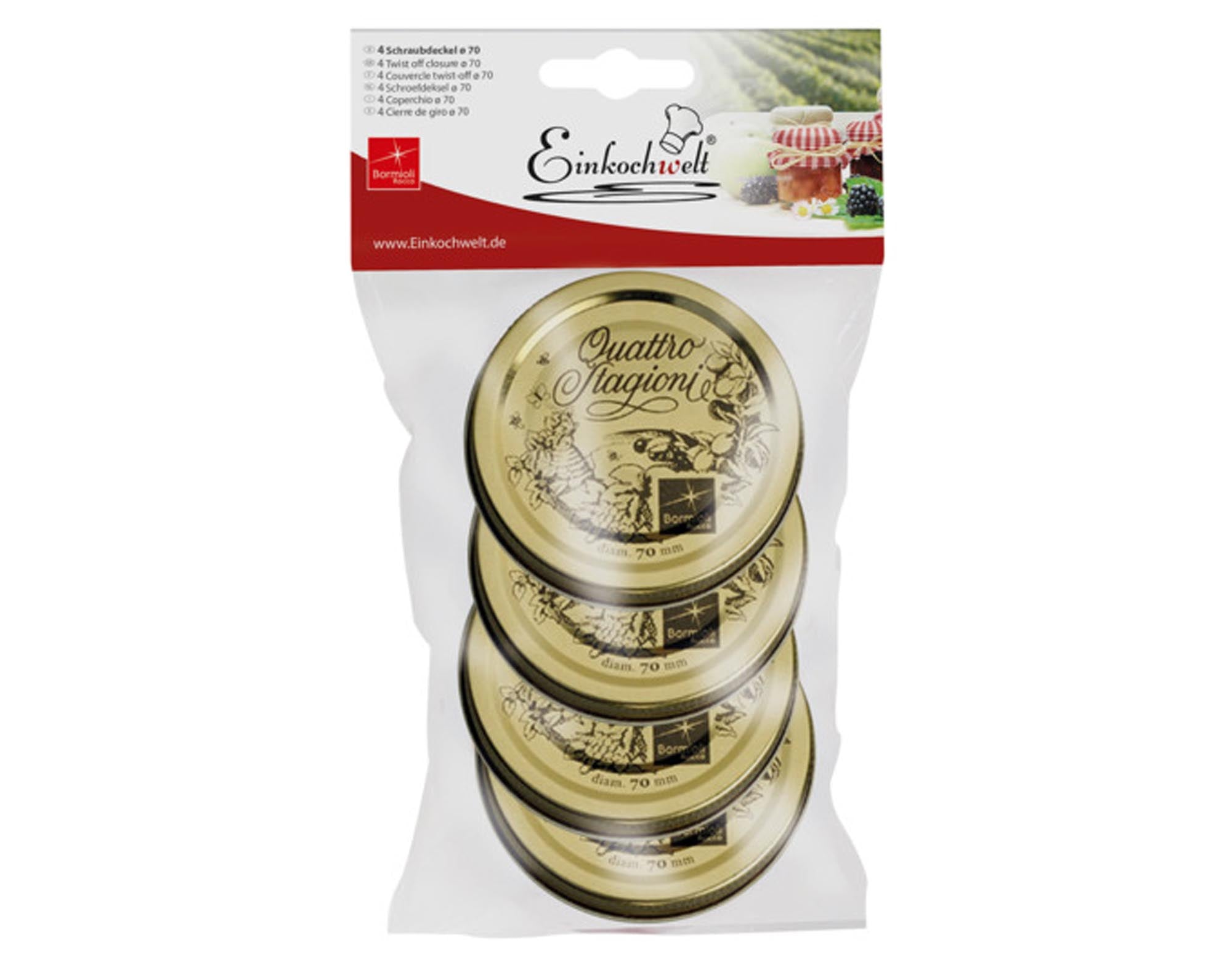 EINKOCHWELT Quattro Stagioni Deckel, 4 Stück, ø 70 mm, ideal für luftdichtes Einkochen von Marmeladen und Chutneys. Hochwertig, langlebig und stilvoll.