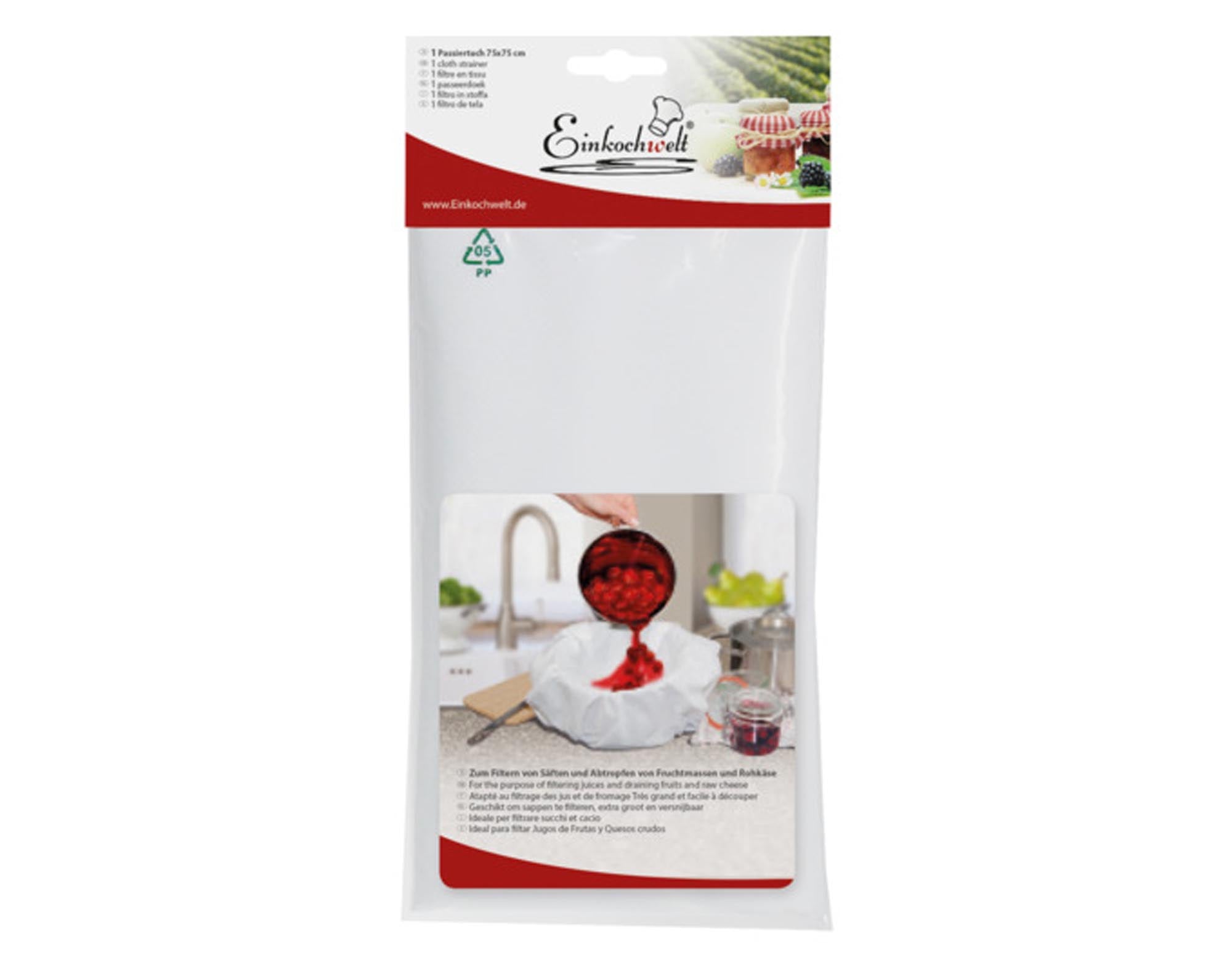 Entdecken Sie das EINKOCHWELT Durchseihtuch 75x75 cm – ideal zum Abseihen, Auspressen und Abdecken. Pflegeleicht, umweltfreundlich und aus 100% Baumwolle.
