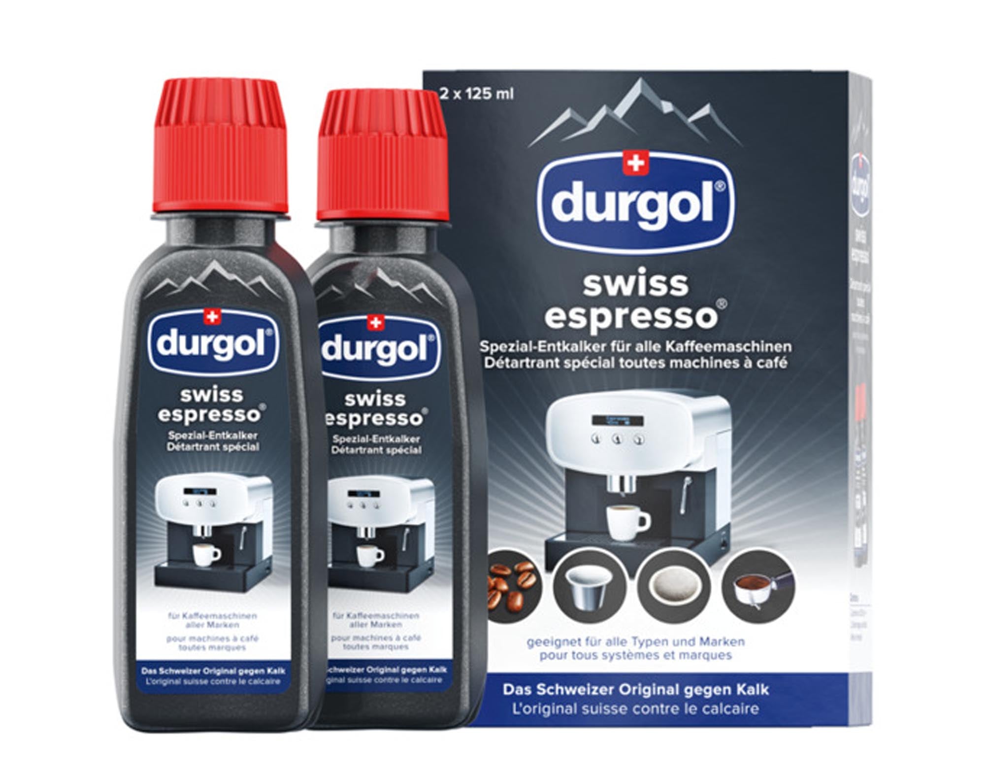 DURGOL Entkalker Swiss Espresso 2x 125 ml entfernt effektiv Kalk von Espressomaschinen, Wasserkochern und mehr. Ideal für längere Lebensdauer!
