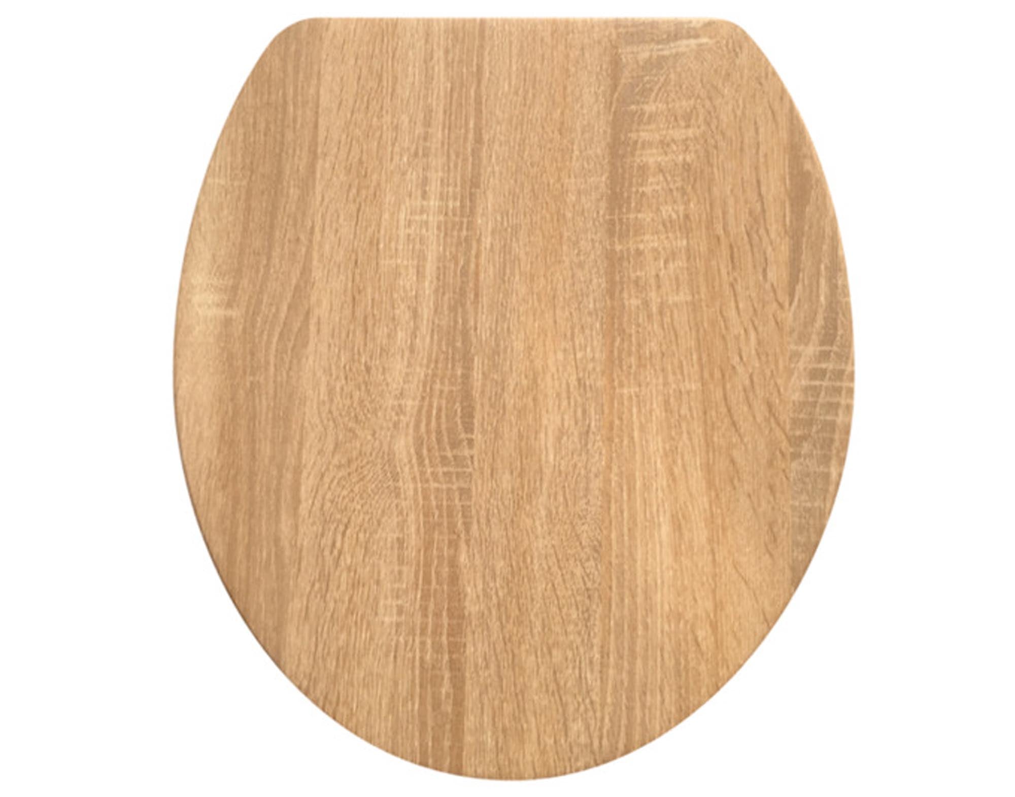 Eleganter WC-Sitz aus Eichenholz mit Slow Motion Absenkautomatik, langlebig, pflegeleicht und stilvoll für Ihr Badezimmer.