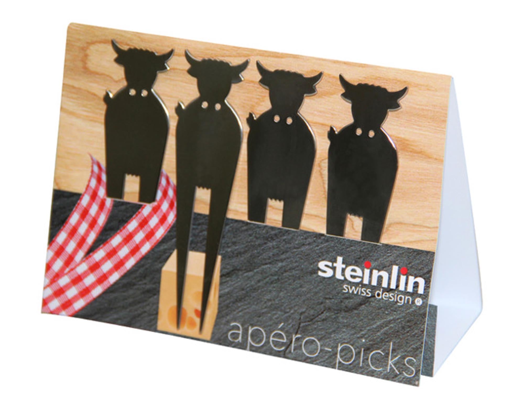 Entdecken Sie die STEINLIN Apéropicks Kuh Inox – stilvolles Barzubehör aus Edelstahl für Fingerfood und Snacks. Ideal für Partys und Geschenke!