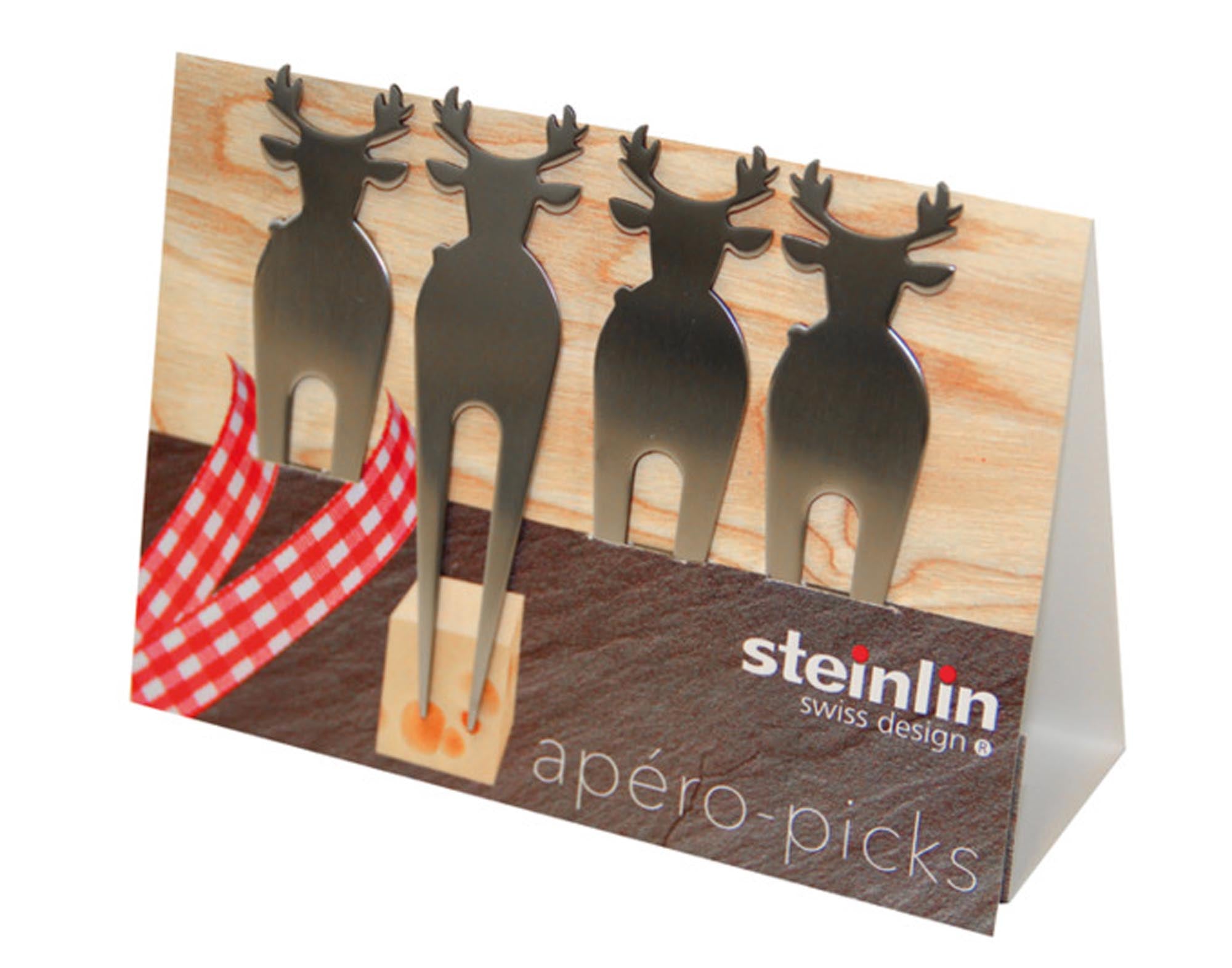 Entdecken Sie die stilvollen STEINLIN Apéropicks Hirsch Inox – 4 hochwertige Edelstahl-Cocktailspiesse, ideal für Aperitifs und Fingerfood. Langlebig, korrosionsbeständig und leicht zu reinigen, perfekt für Partys und Bars.