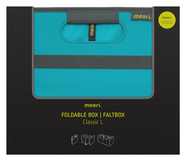 Die MEORI Faltbox L Classic in azur blue vereint Stil und Funktionalität. Ideal für Einkäufe, Büroorganisation und mehr – platzsparend faltbar und robust.